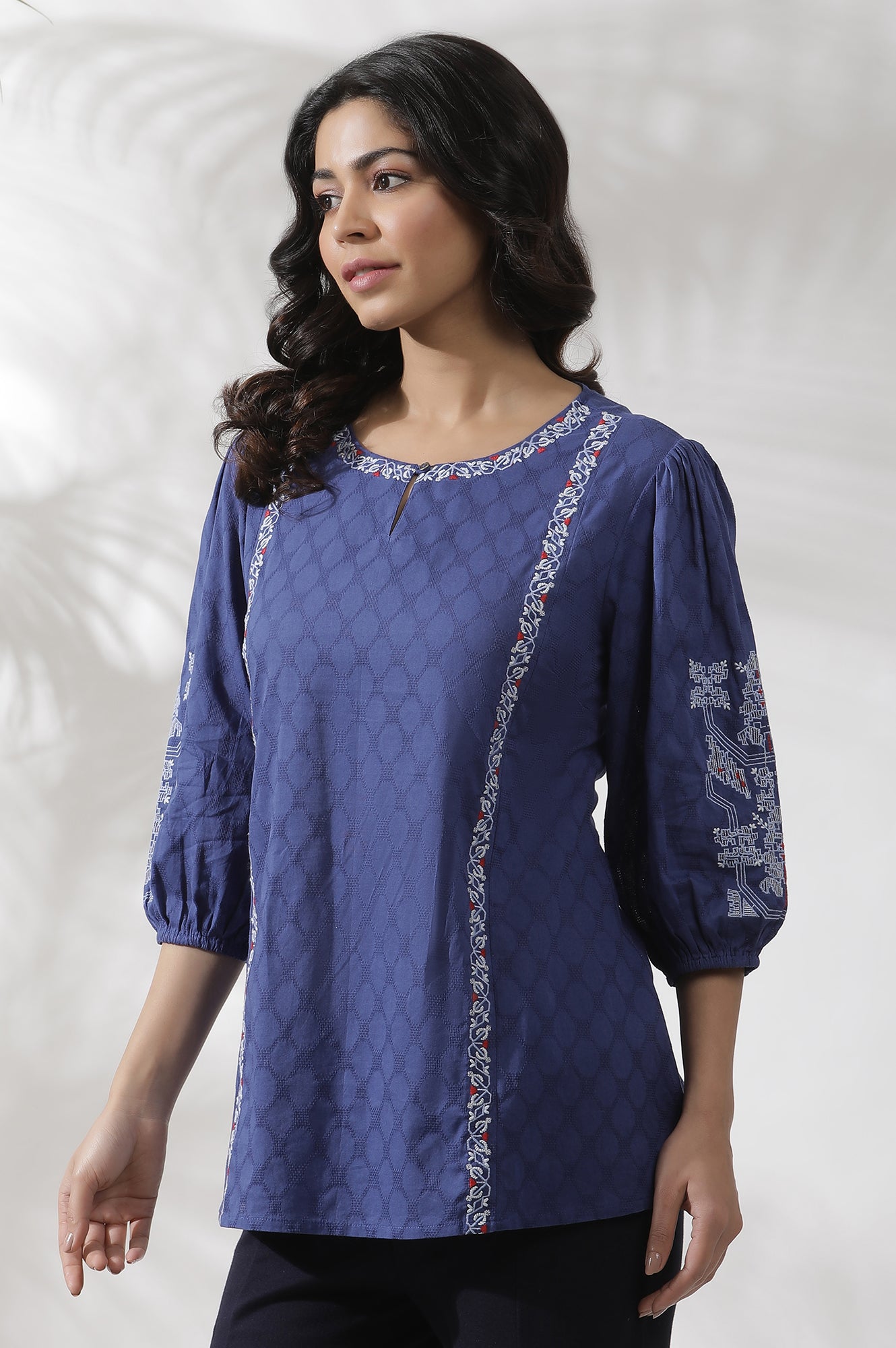 Navy Blue Cotton Western Top