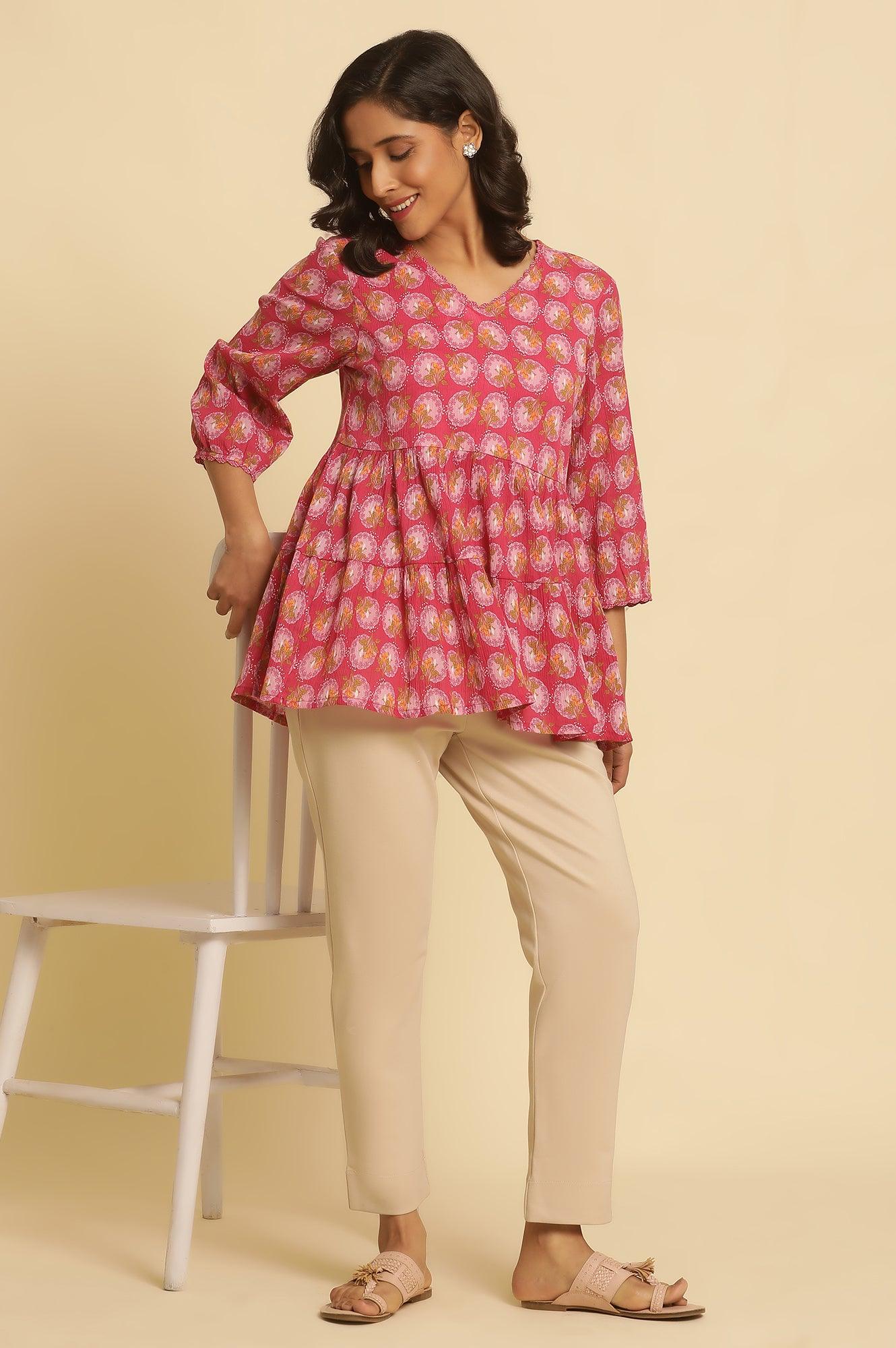 Pink Printed Tiered Top - wforwoman