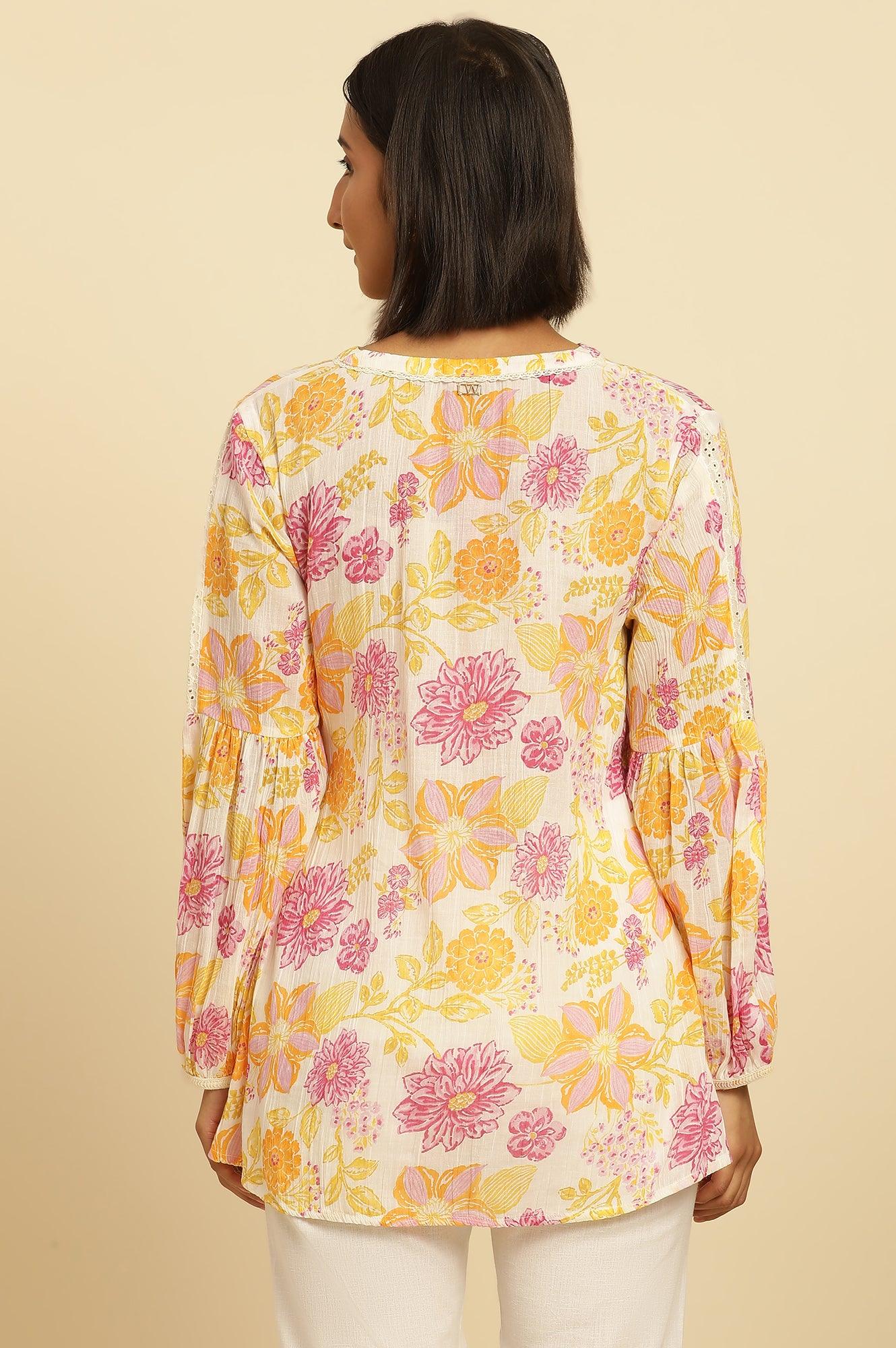 White Printed Top With Tie-Up Detail - wforwoman