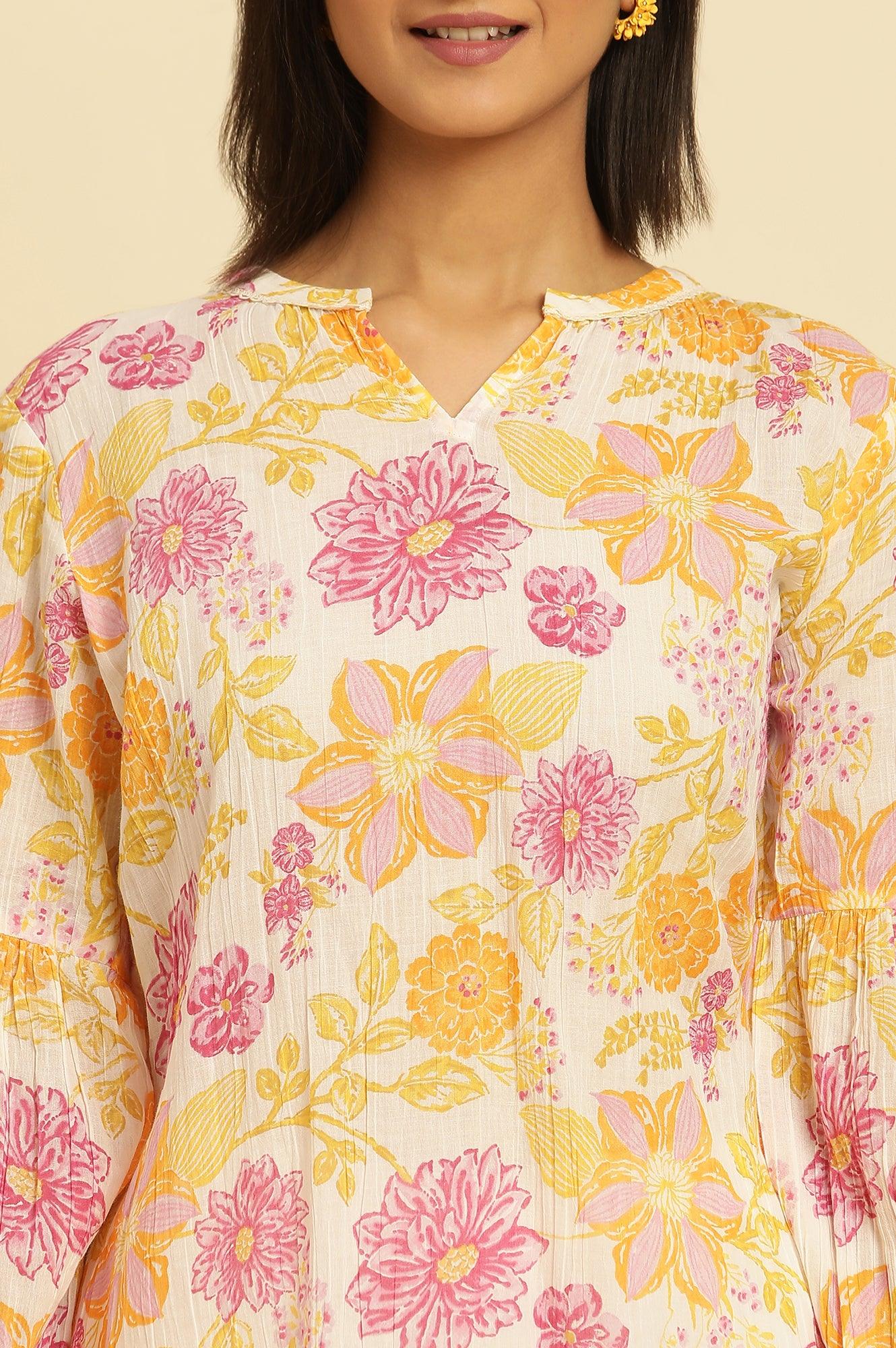 White Printed Top With Tie-Up Detail - wforwoman