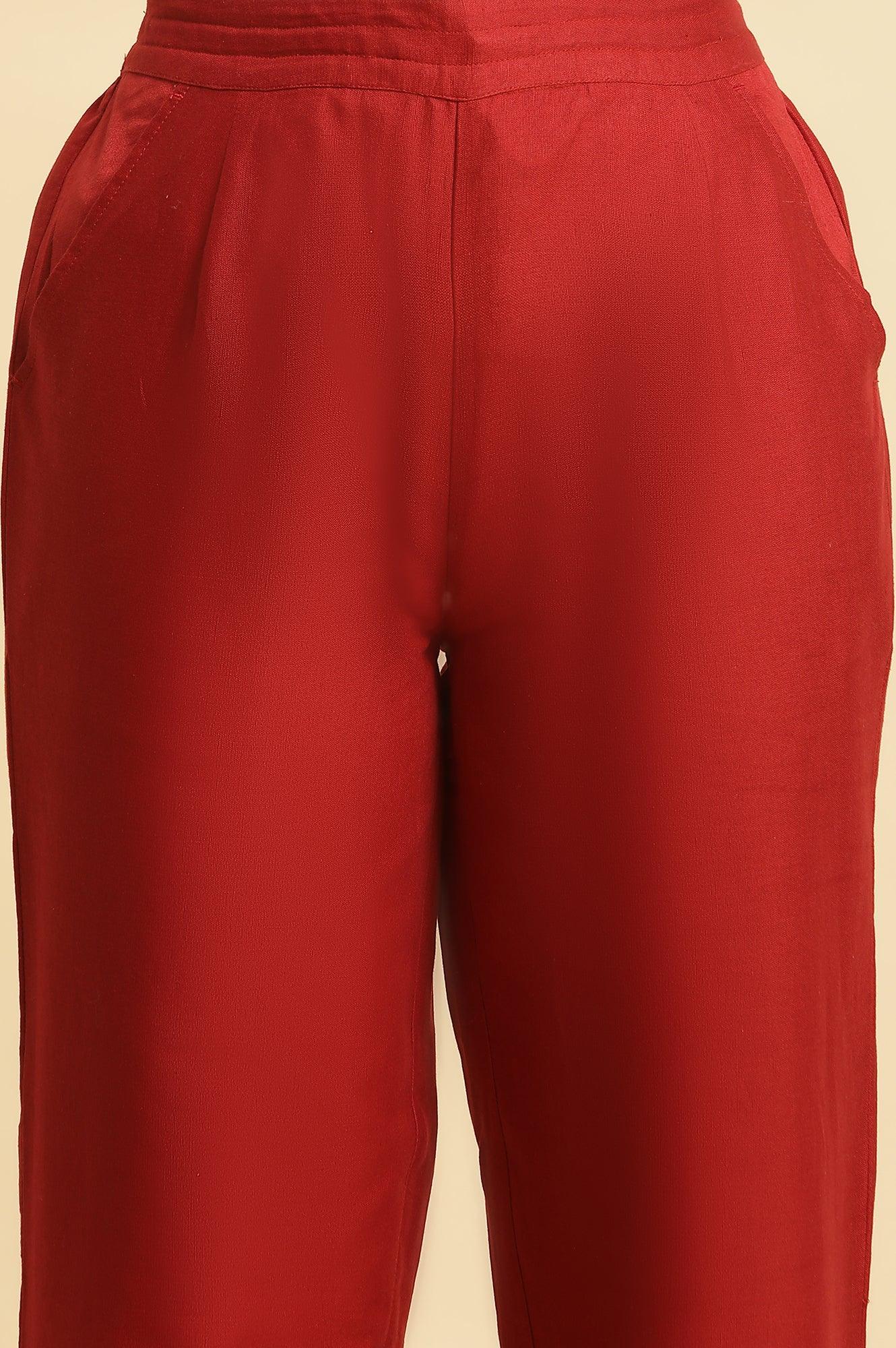 Red Cotton Flax Straight Pants With Embroidery - wforwoman