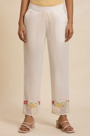 Buy White Cotton Pants With Embroidered Mesh Hemline 1499 W