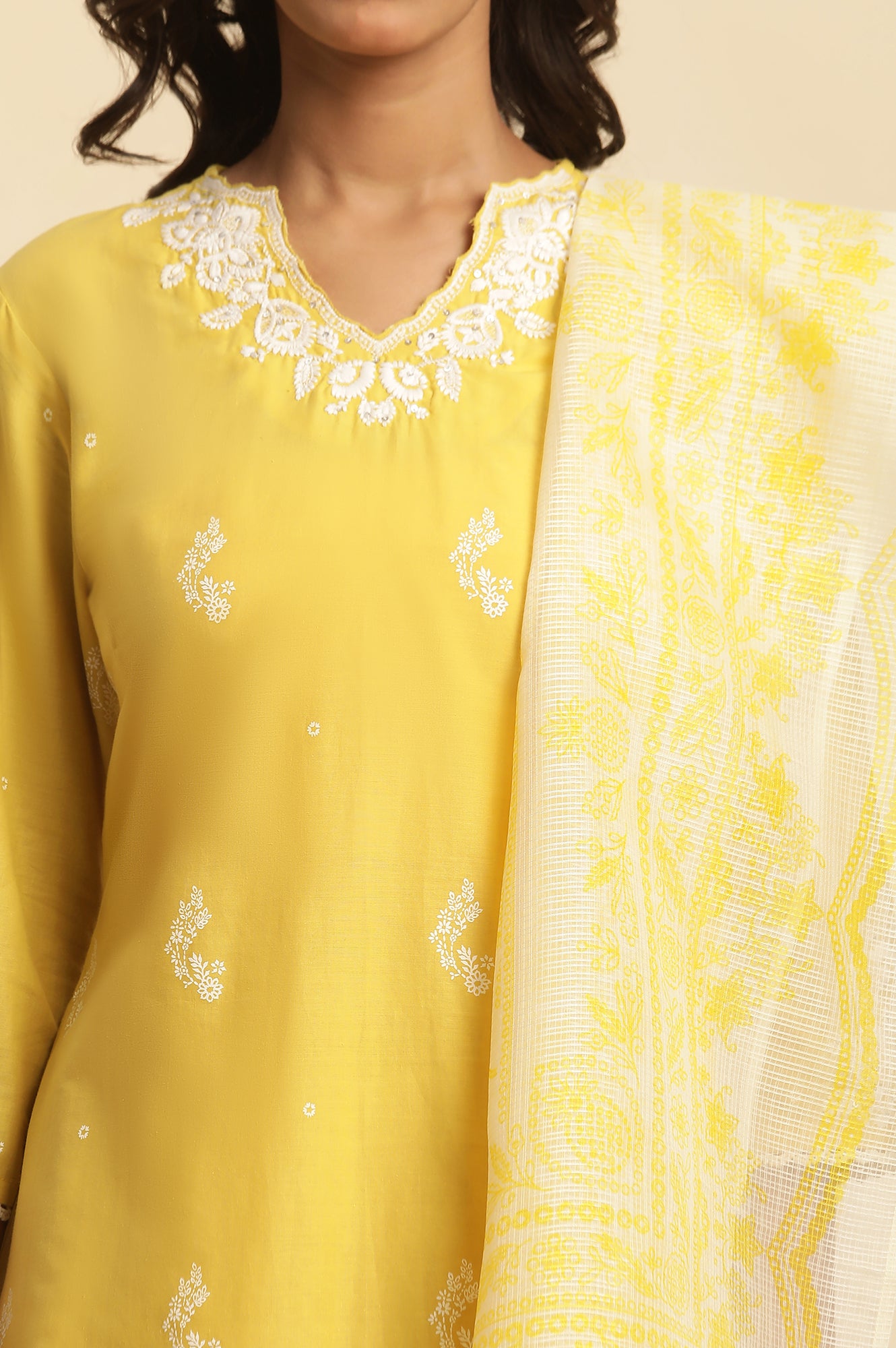 Yellow Chikankari Embroidered Kurta, Sharara And Dupatta Set