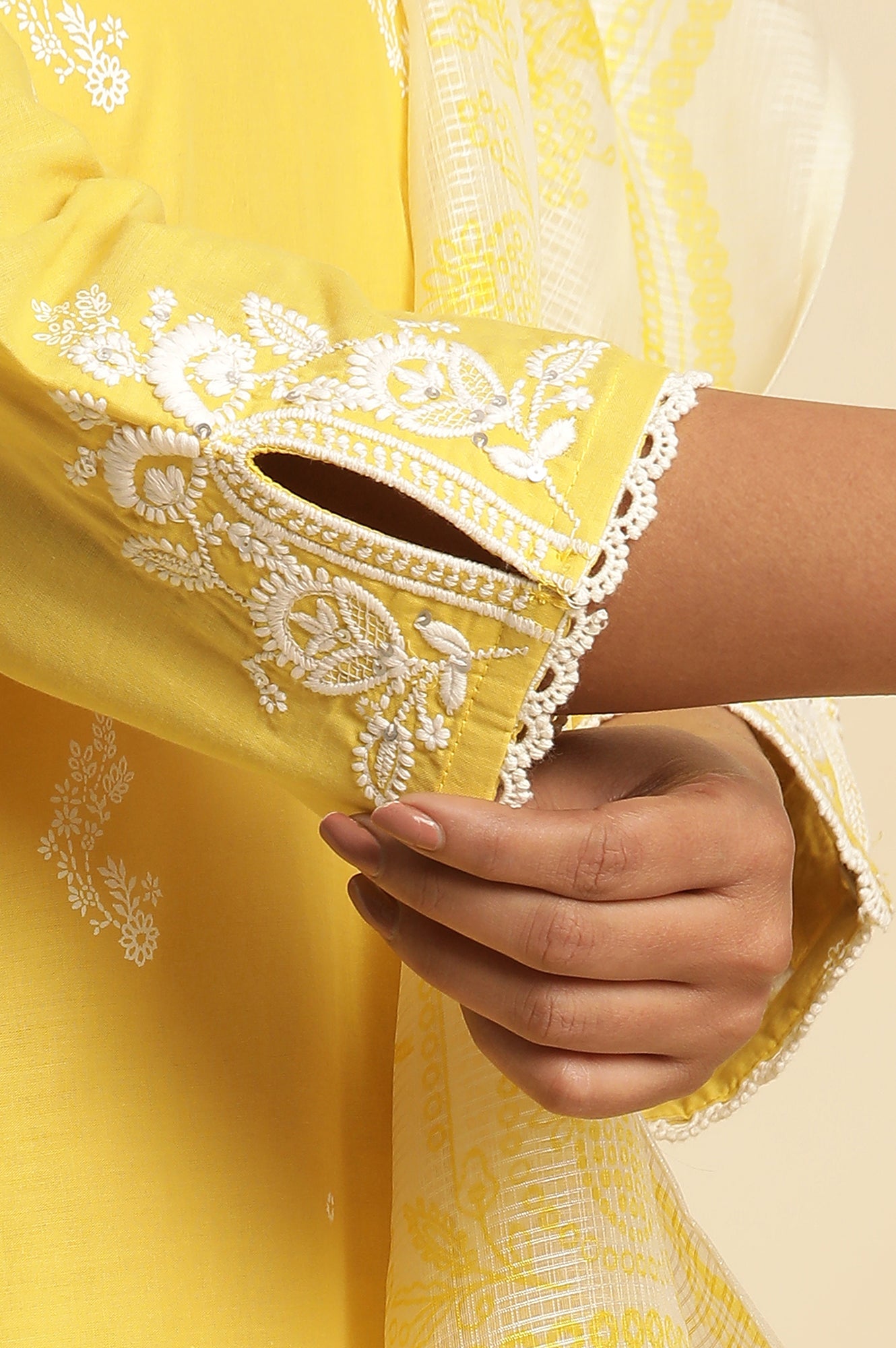 Yellow Chikankari Embroidered Kurta, Sharara And Dupatta Set