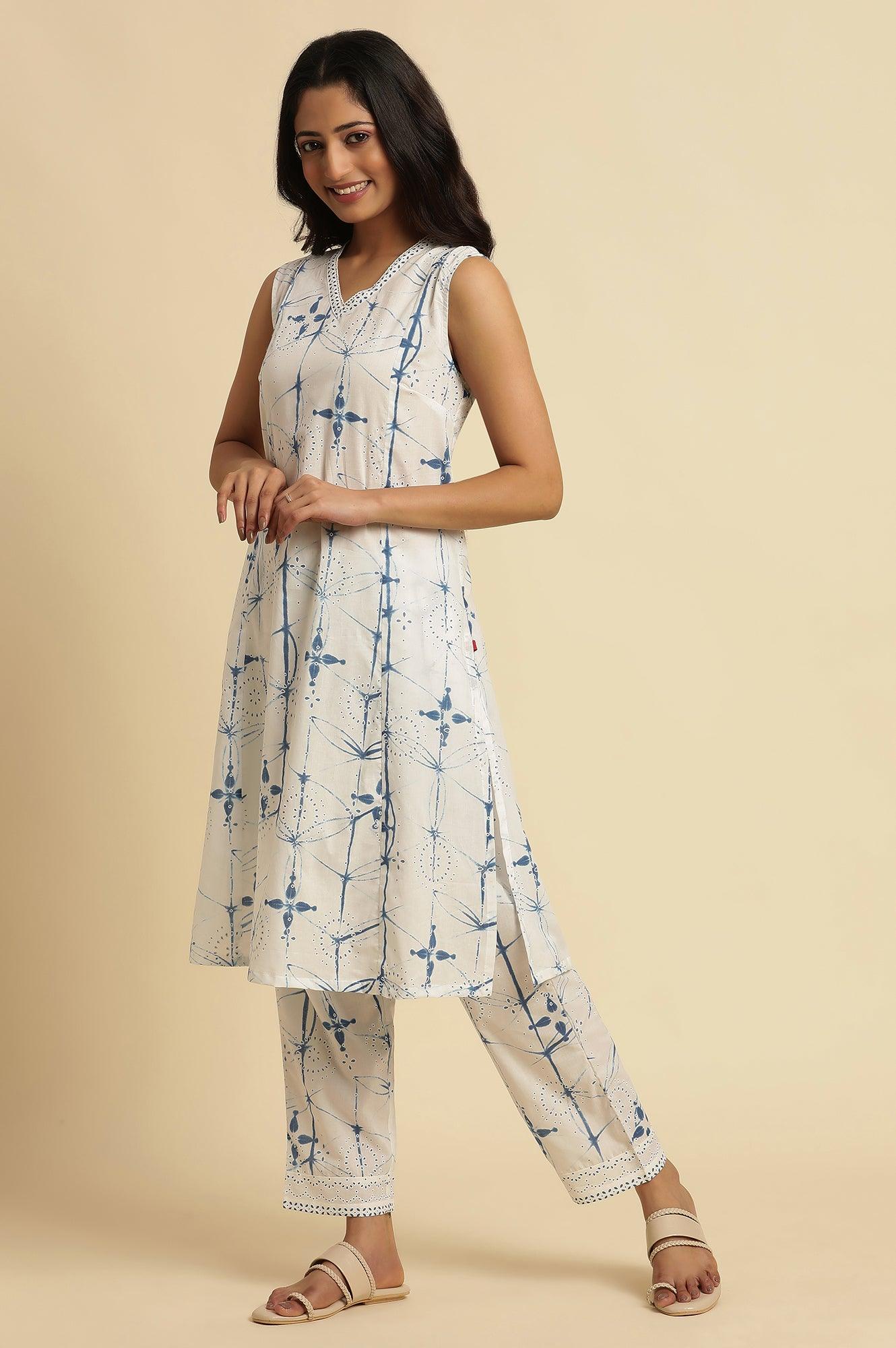 White Sleeveless Tie-Dye Kurta And Pants Set - wforwoman