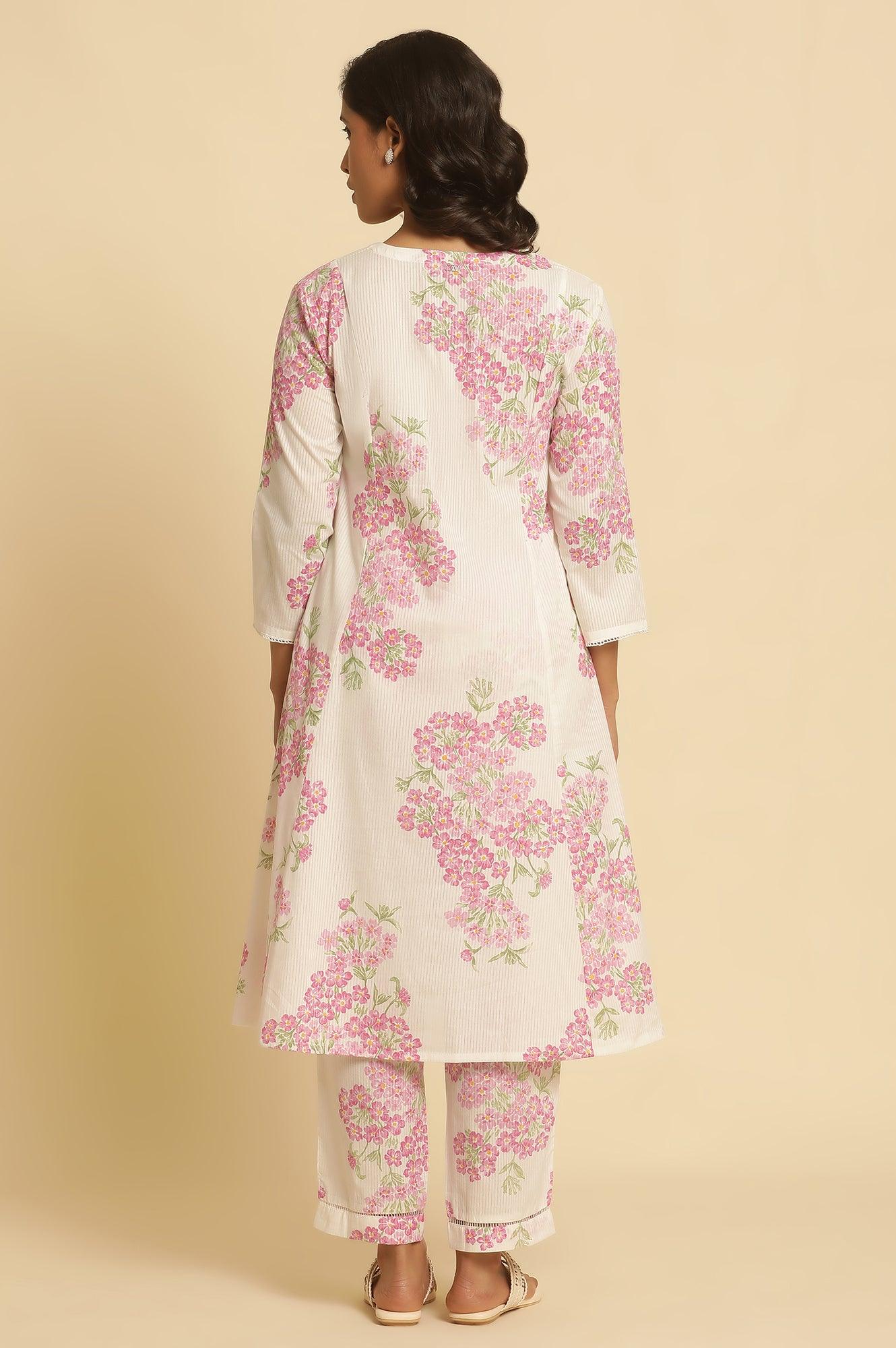 White Flared Floral Printed Kurta And Pants Set - wforwoman