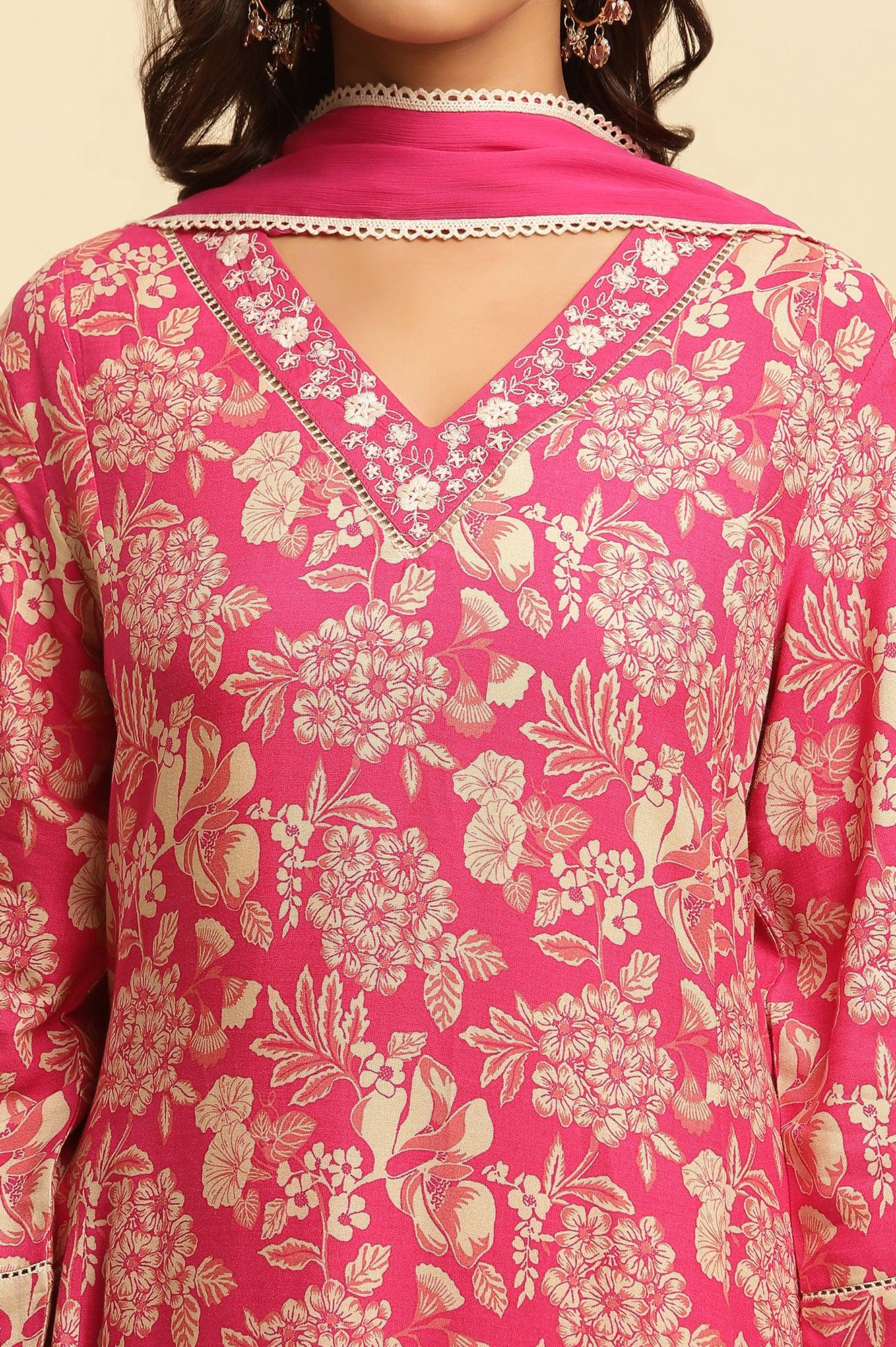 Pink Floral Printed A-Line Kurta, Pants And Dupatta Set - wforwoman