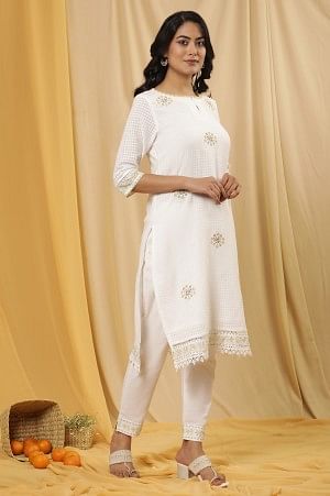 White A-Line Cotton Checker Kurta, Pants And Dupatta Set