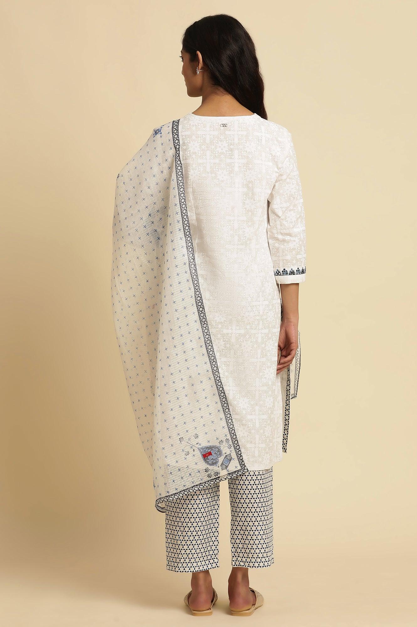 White Khadi Printed Cotton Kurta, Pants And Dupatta Set - wforwoman
