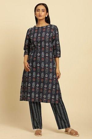 Blue Paisely Printed Kurta And Pants Set - wforwoman