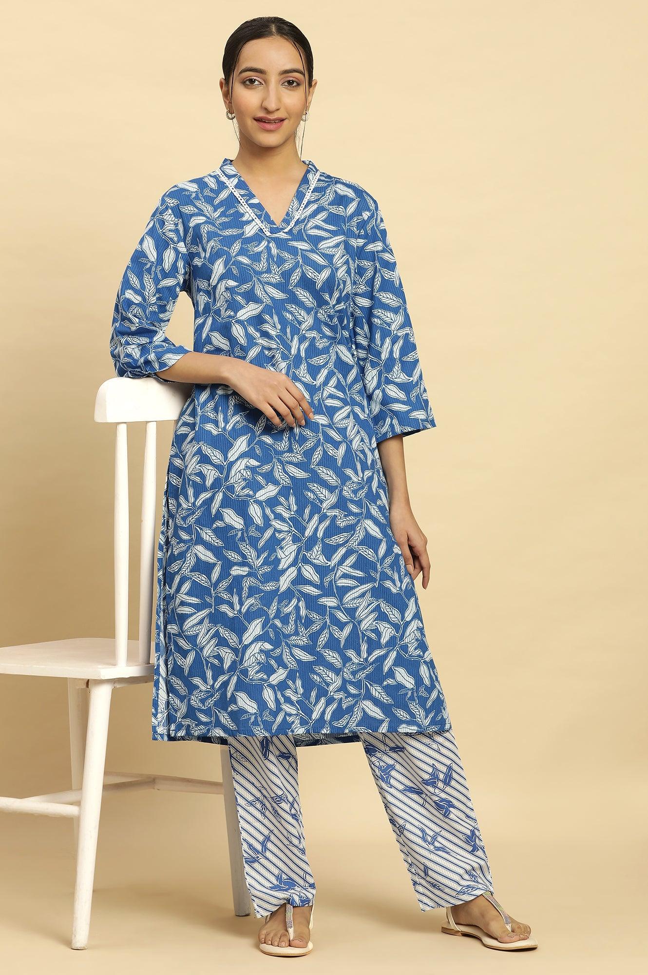 Blue Leaf Printed Straight Kurta And Pants Set - wforwoman