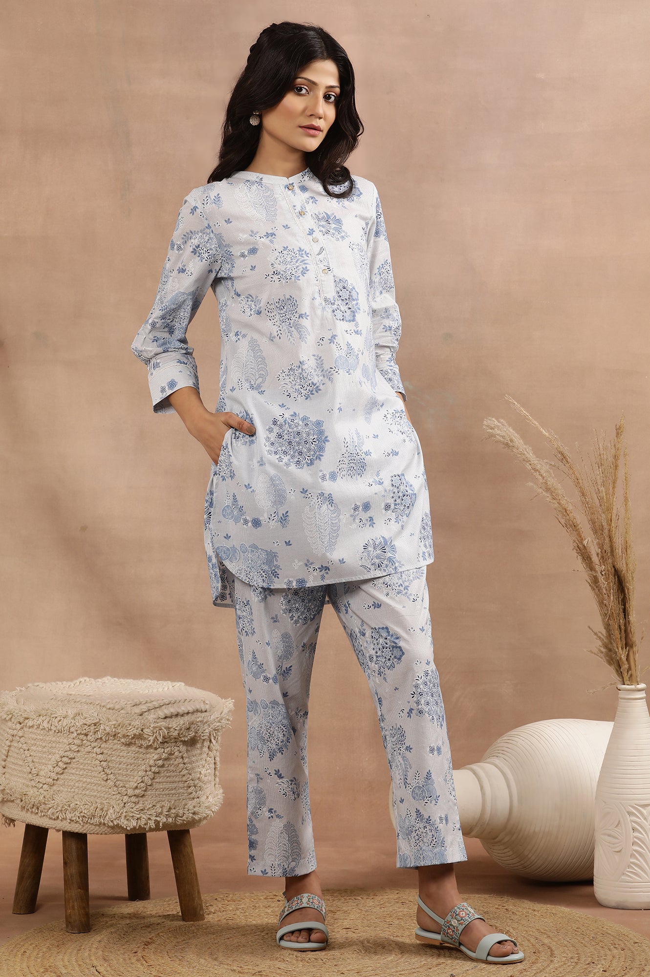 Buy Light Blue Printed Short Kurta And Pants Co-Ord Set 2599 W