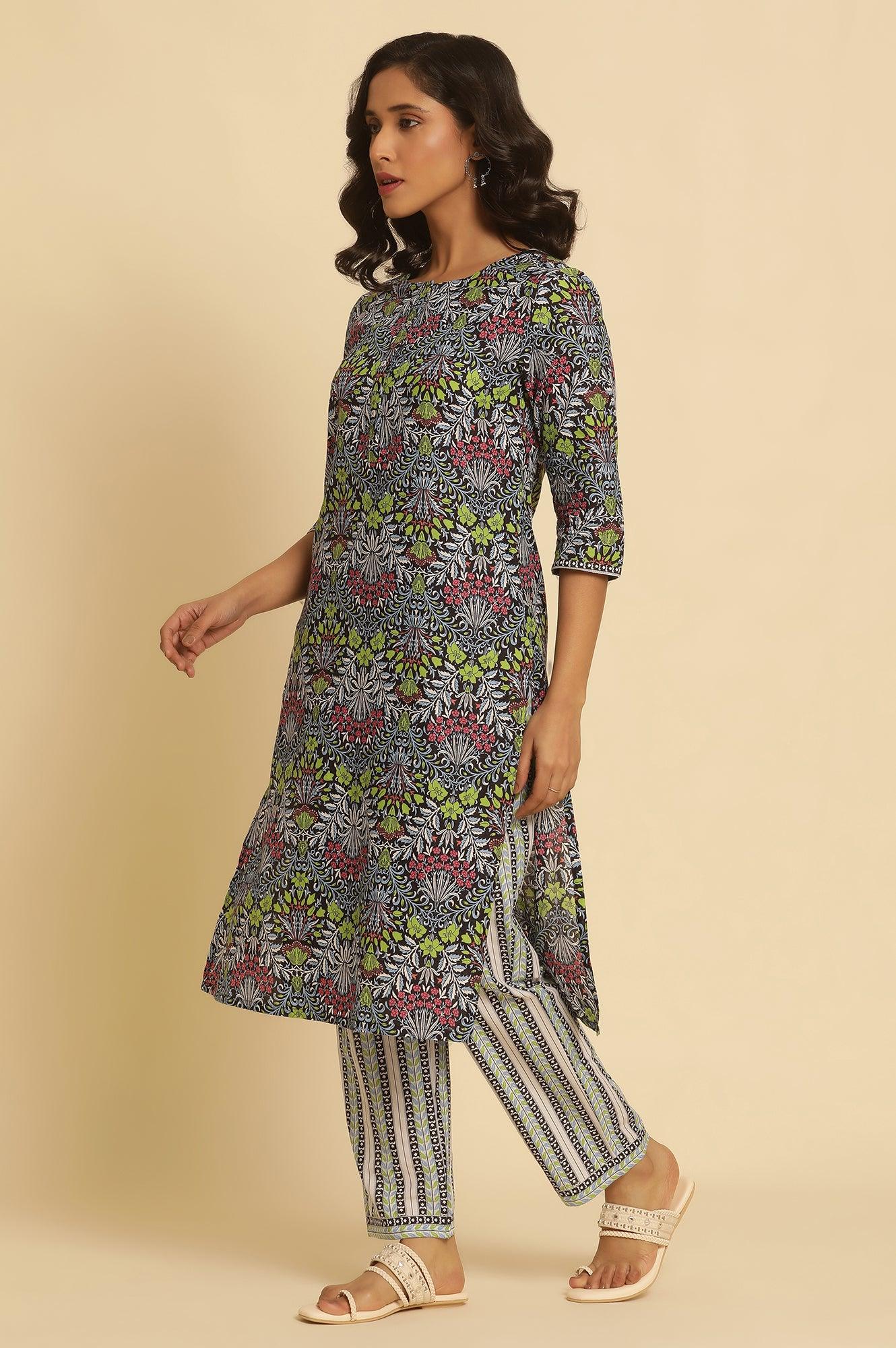 Black Floral Printed Straight Kurta And Pants Set - wforwoman