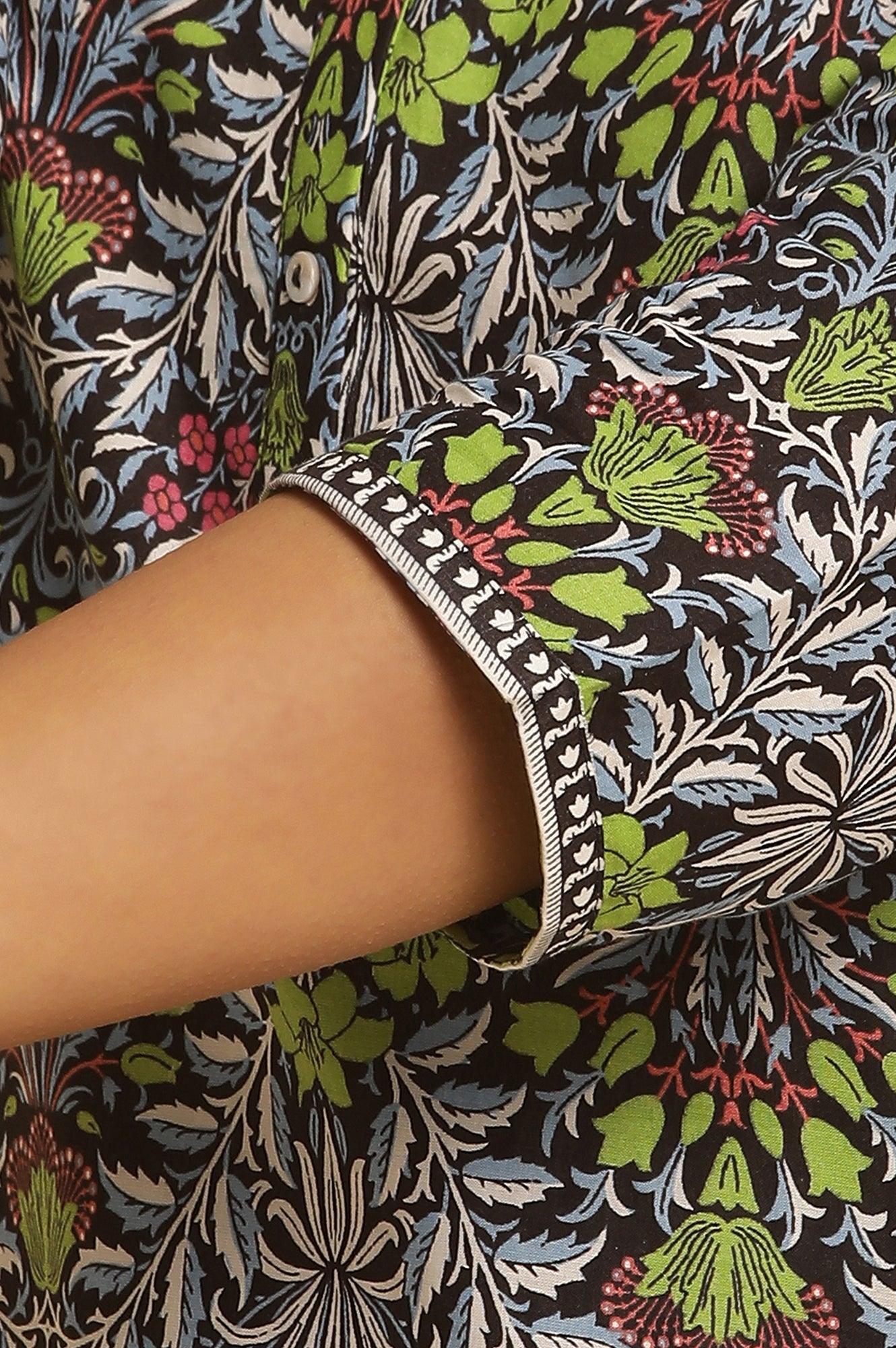 Black Floral Printed Straight Kurta And Pants Set - wforwoman