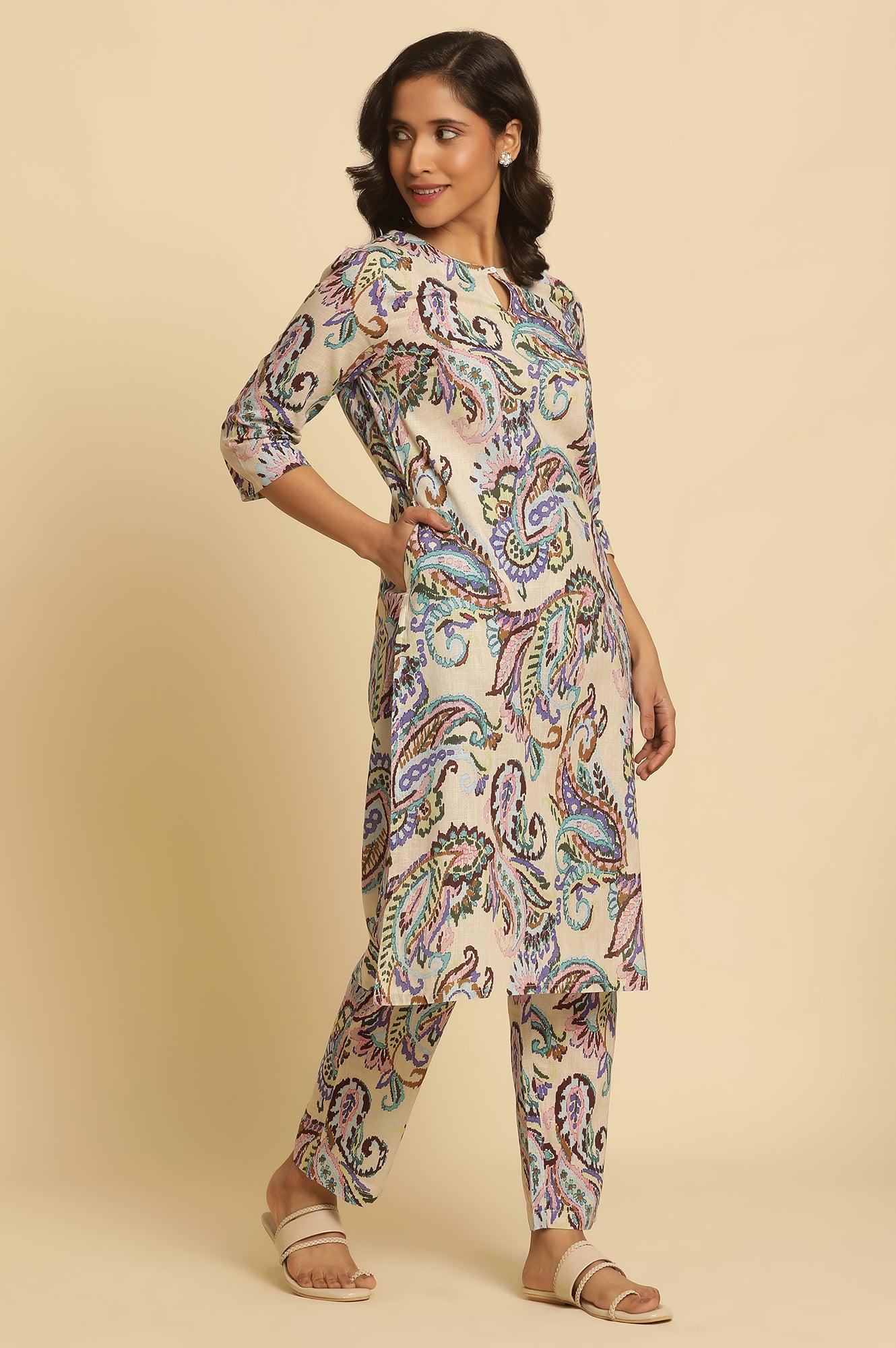 Ecru Floral Printed Straight Kurta And Pants Set - wforwoman