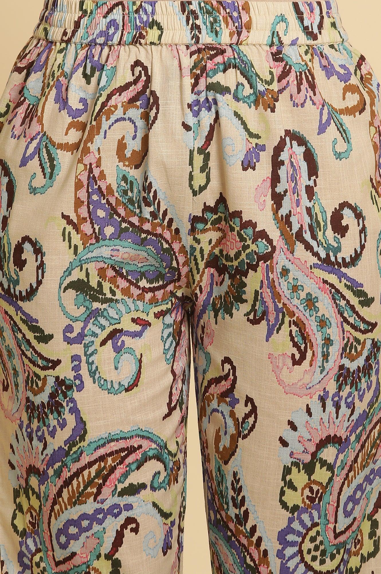 Ecru Floral Printed Straight Kurta And Pants Set - wforwoman