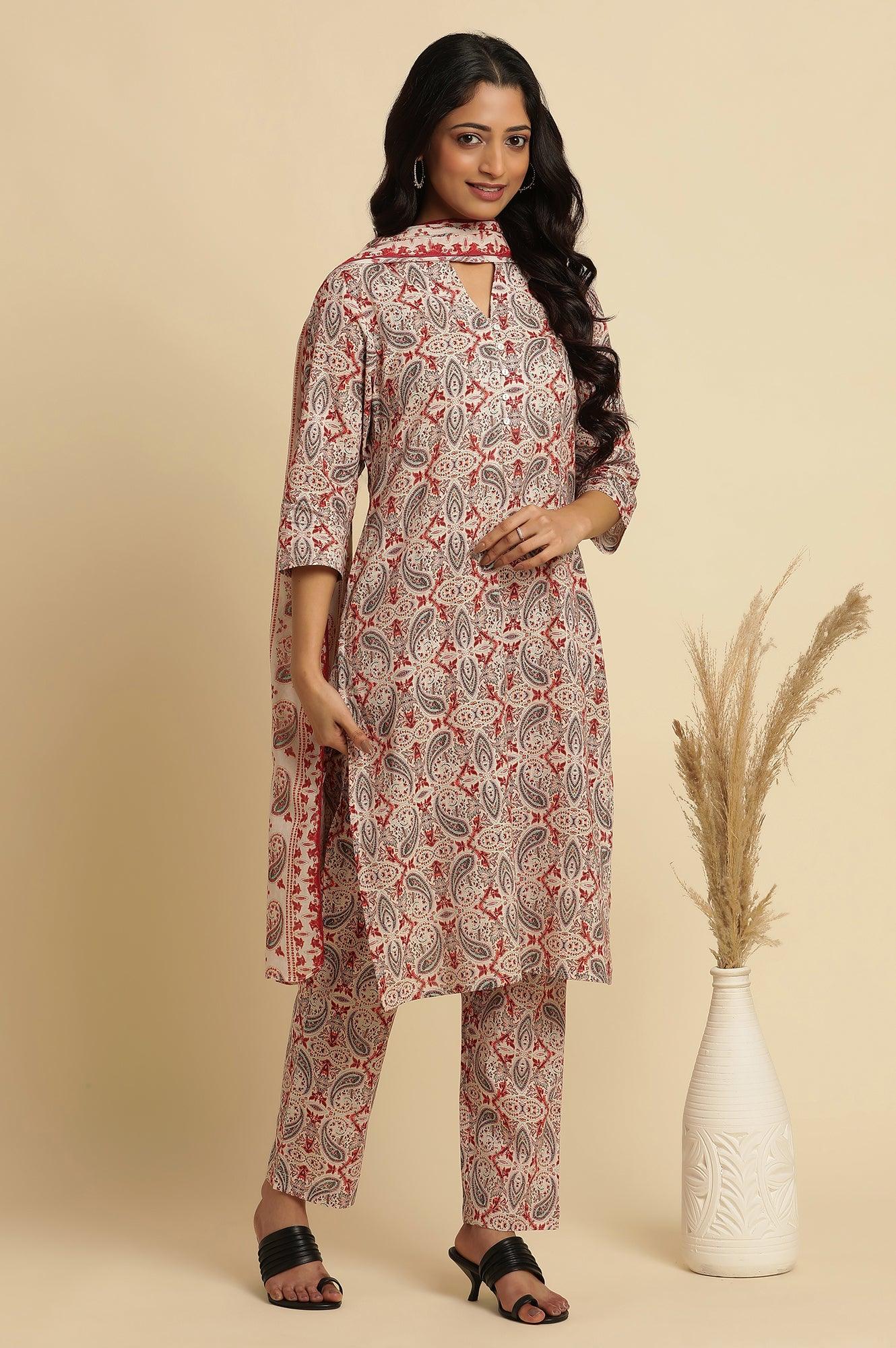 White Paisely Printed Kurta, Pants And Dupatta Set - wforwoman