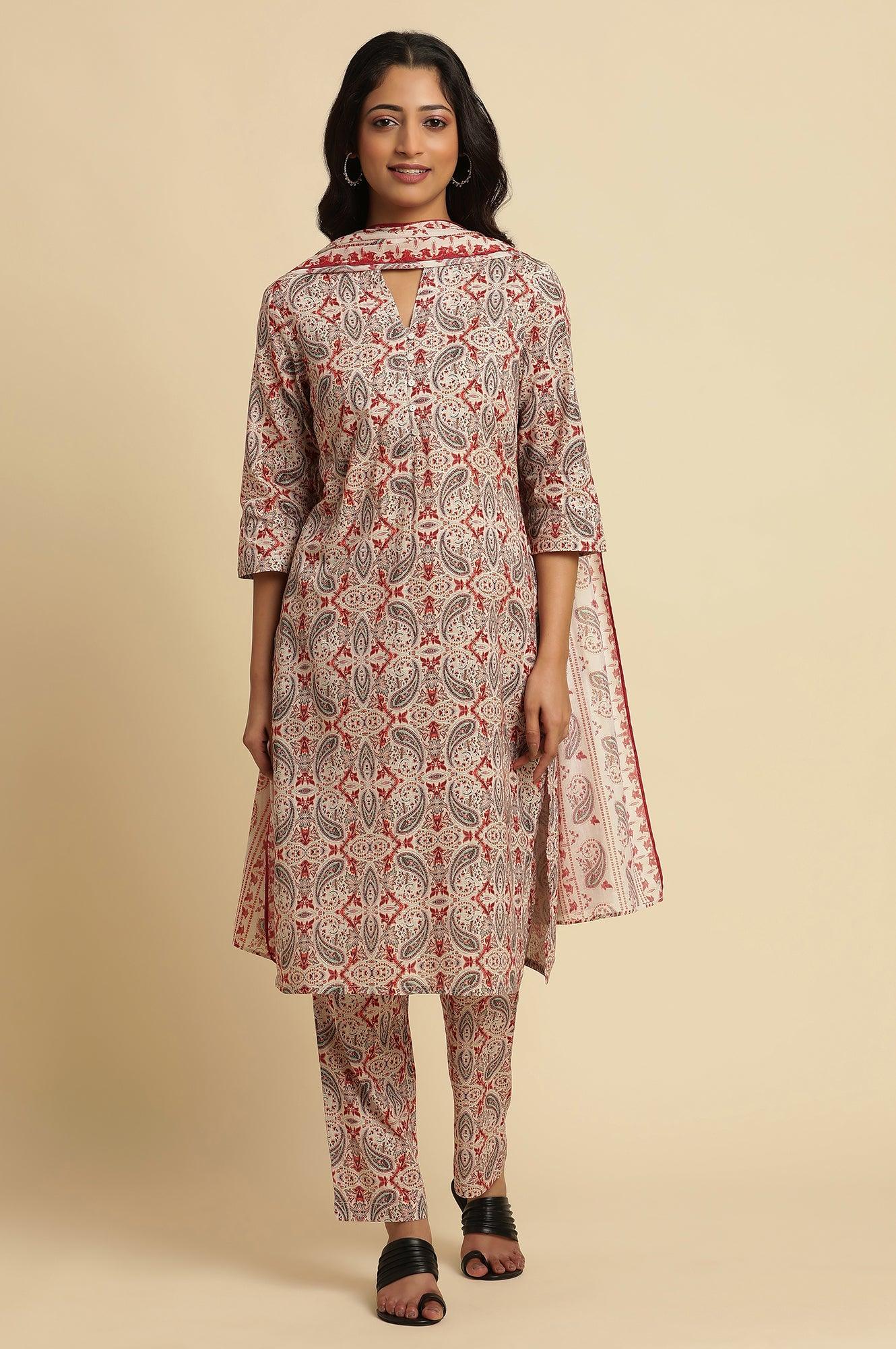 White Paisely Printed Kurta, Pants And Dupatta Set - wforwoman