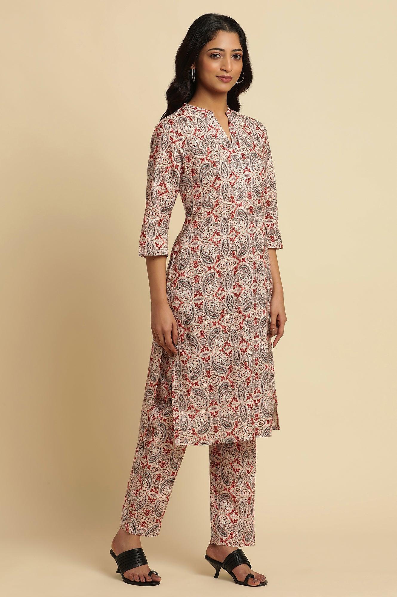 White Paisely Printed Kurta, Pants And Dupatta Set - wforwoman