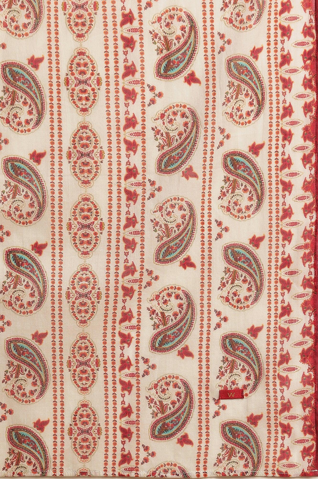 White Paisely Printed Kurta, Pants And Dupatta Set - wforwoman
