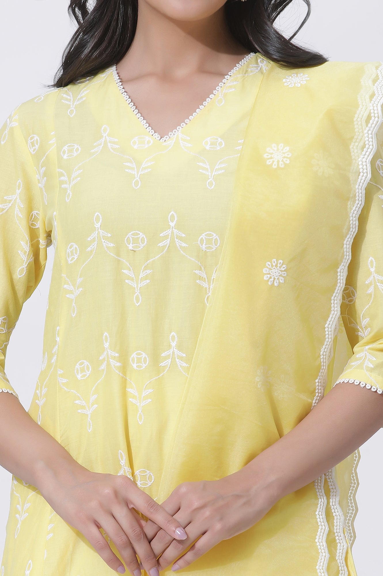 Yellow Cotton Embroidered Flared Kurta, Straight Pants And Dupatta Set