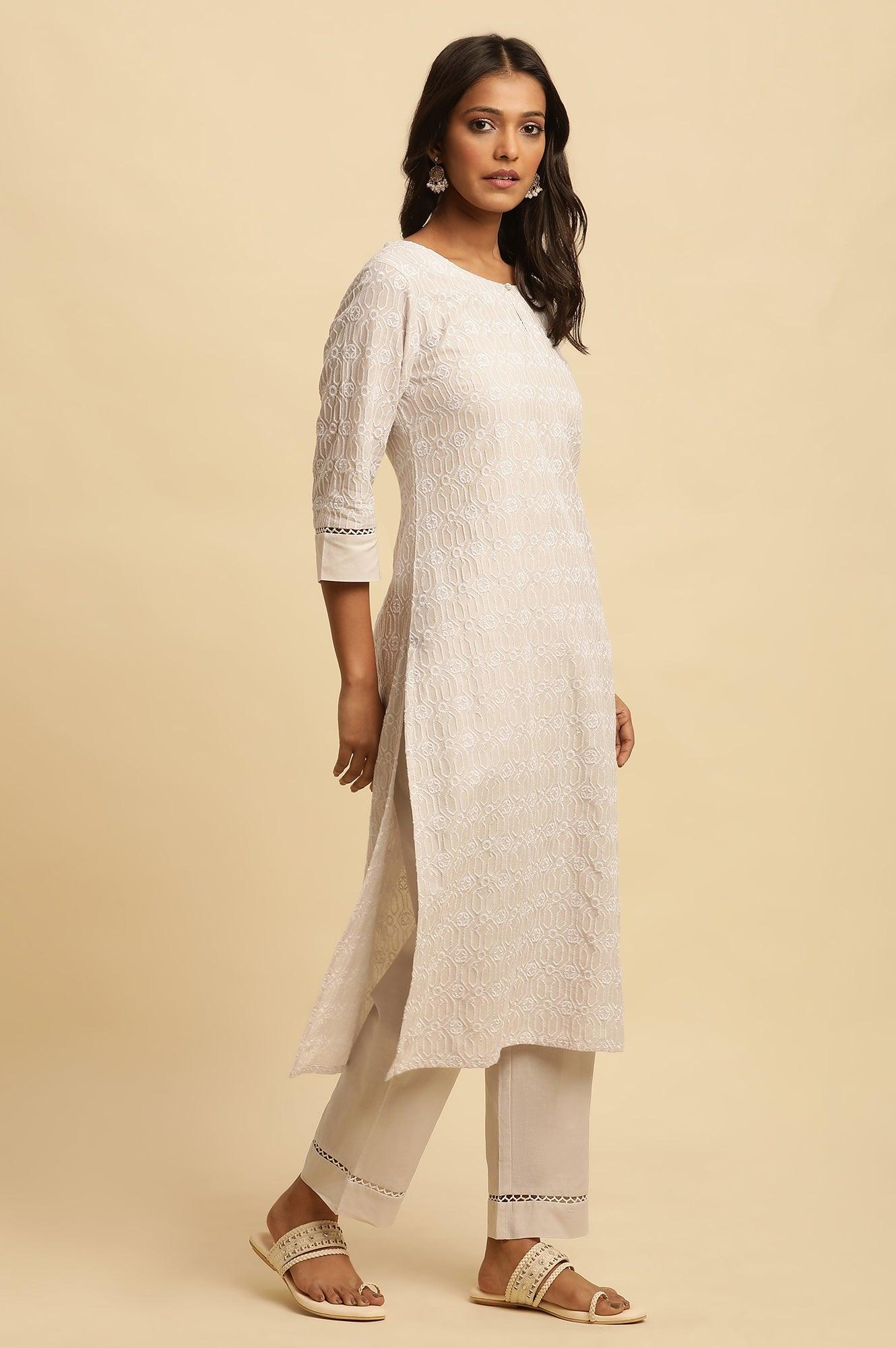 Light Grey Embroidered Cotton Kurta - wforwoman