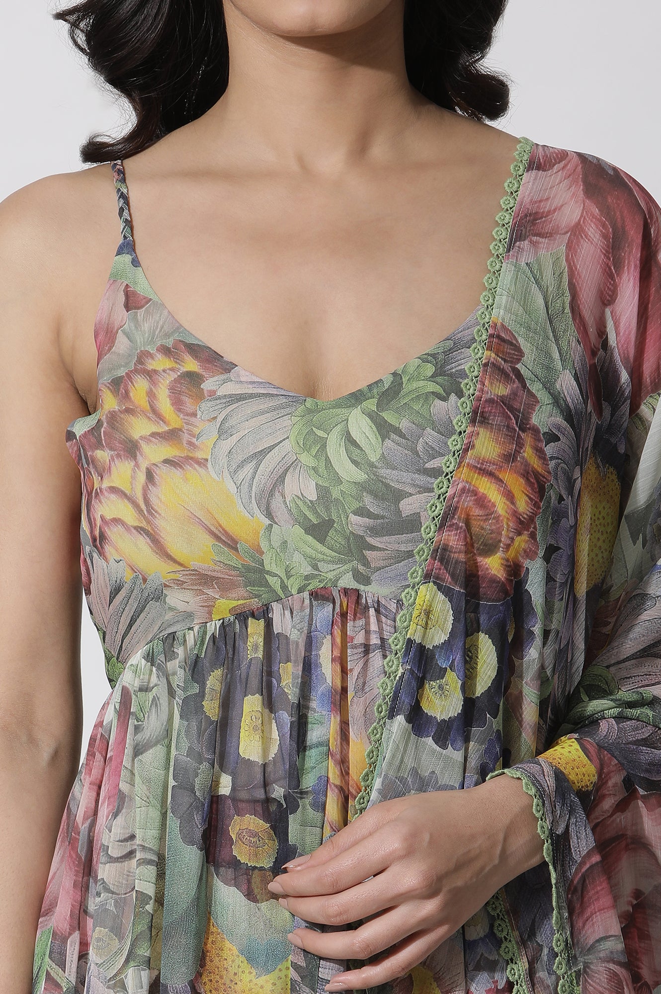 Multi-Coloured Floral Printed Gathered Kurta, Pants And Dupatta Set