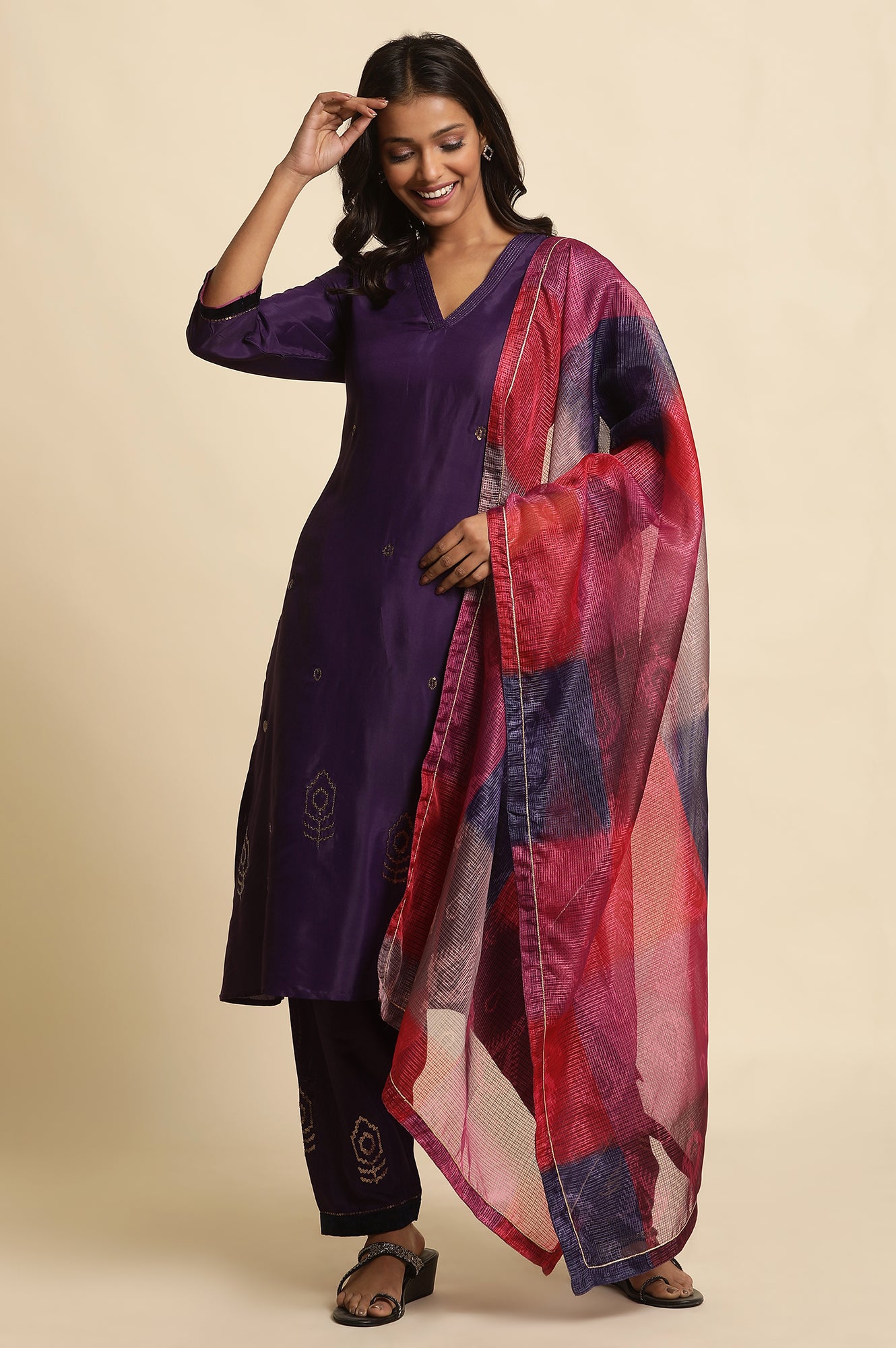 Purple Sequined Kurta, Salwar And Dupatta Set