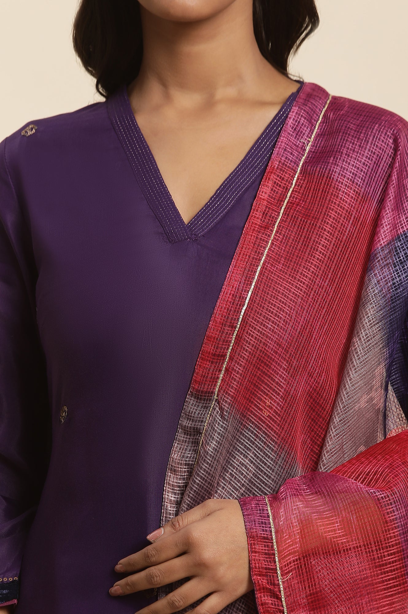 Purple Sequined Kurta, Salwar And Dupatta Set