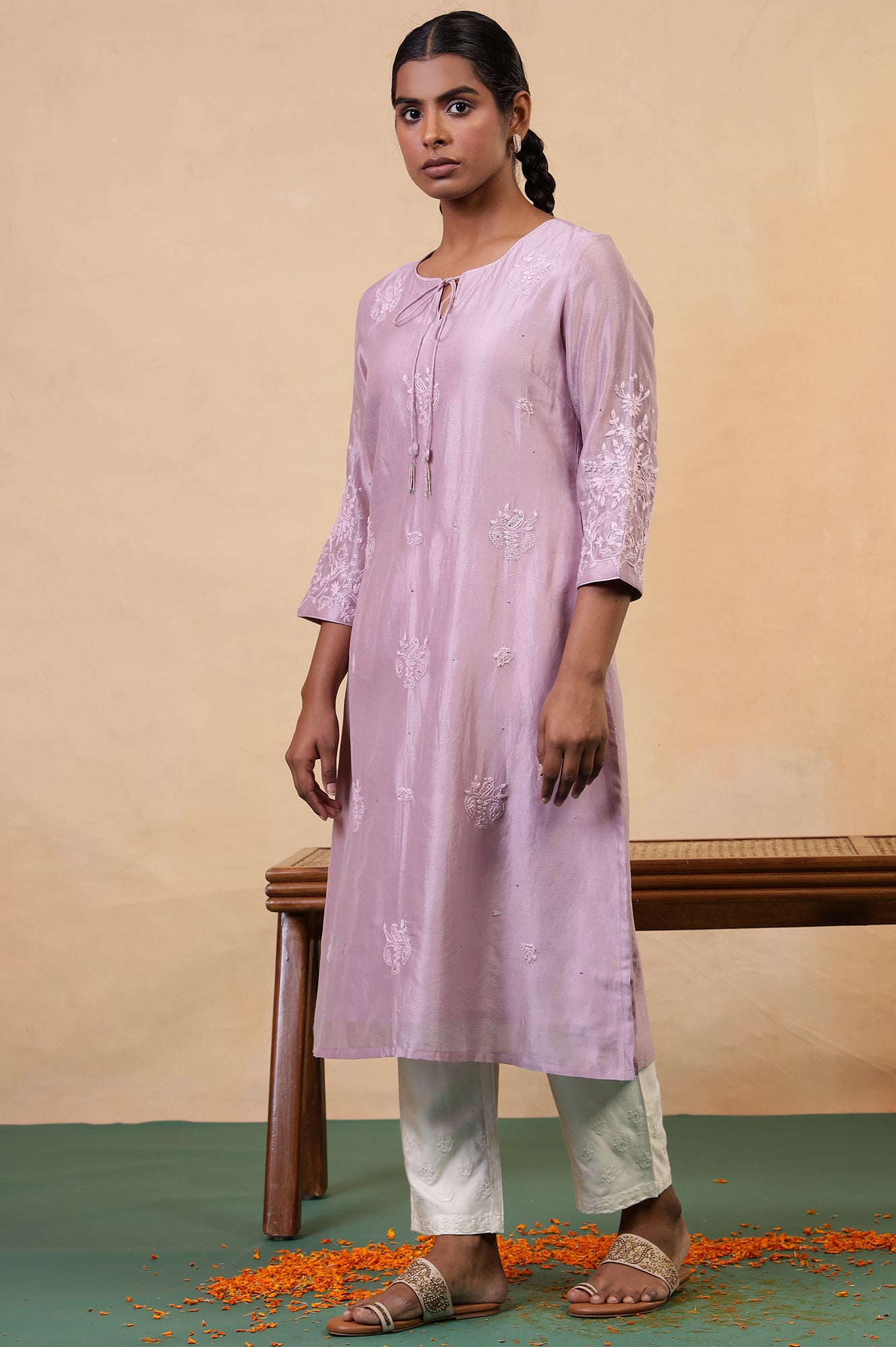 Folksong Lilac Cotton-Silk A-Line Embroidered Chikankari Regular Kurta