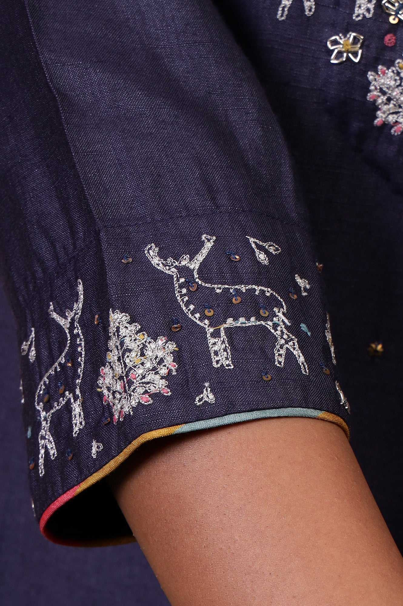 Folksong Blue Grey Sequin Embellished Viscose Blend Straight Kurta