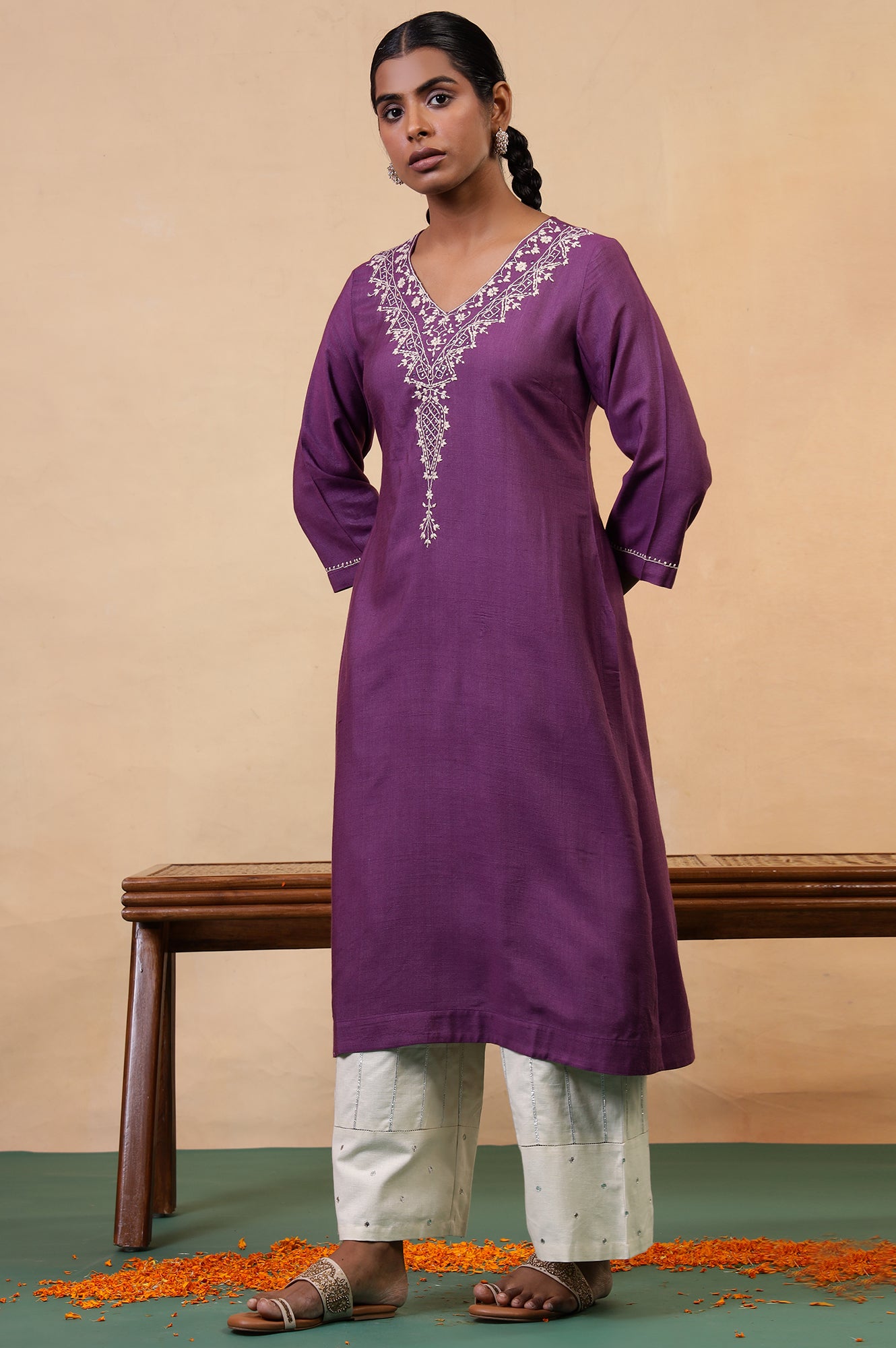 Folksong Prune Chikankari Embroidered Viscose A-Line Regular Kurta