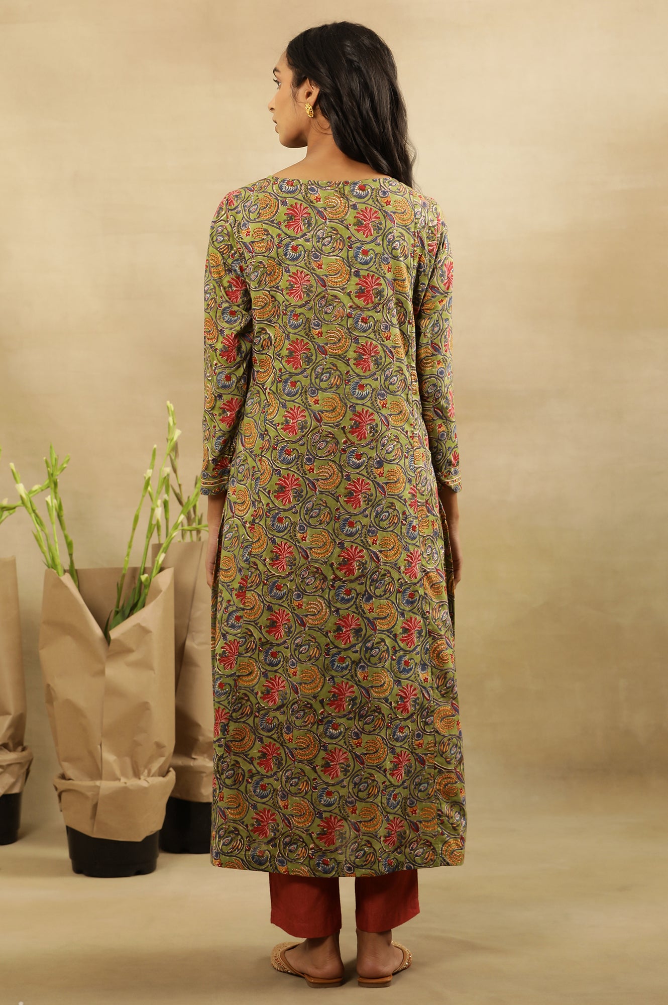 Green Multicolored Hand Block Print Pleated Kurta