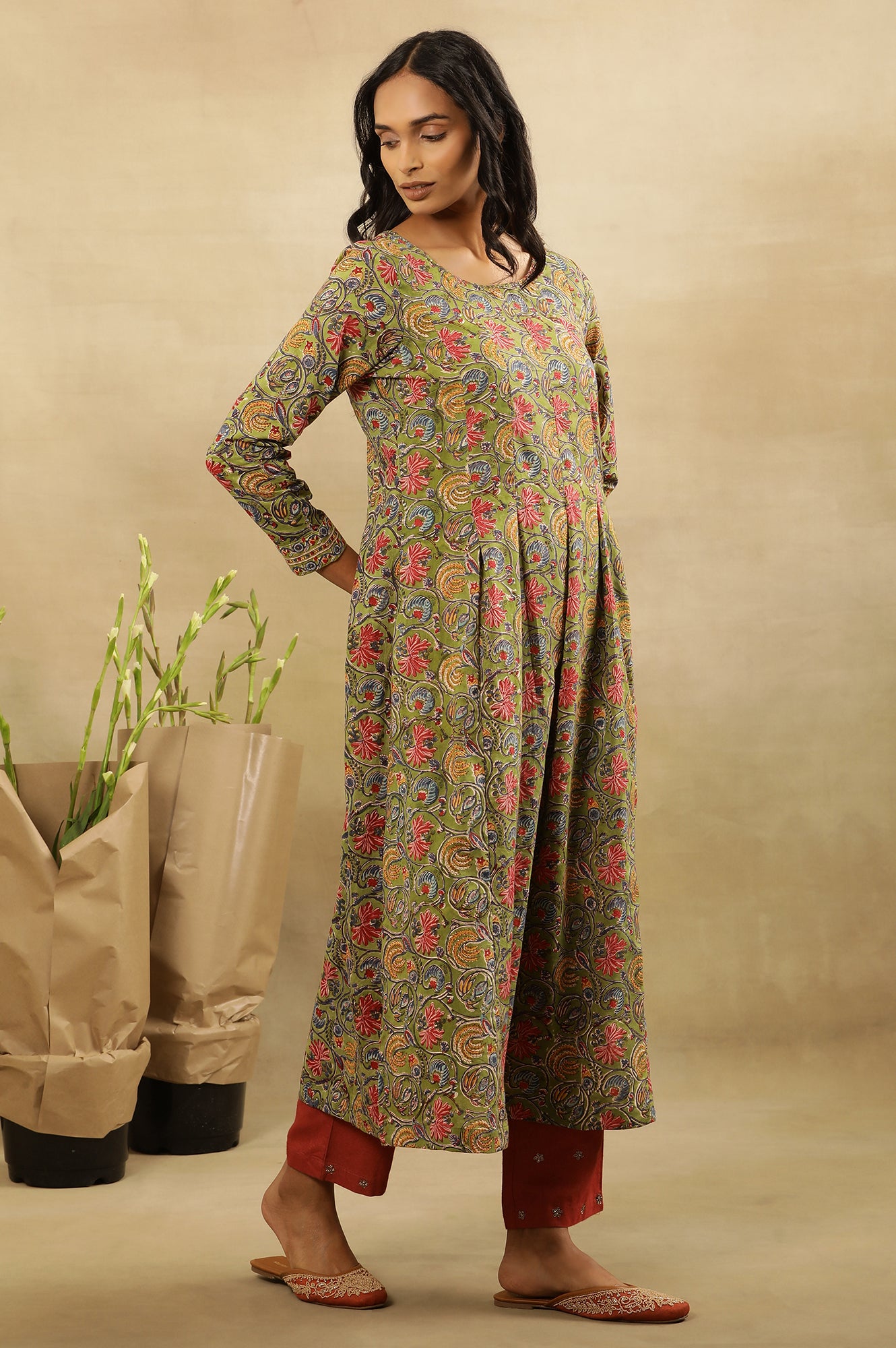 Green Multicolored Hand Block Print Pleated Kurta