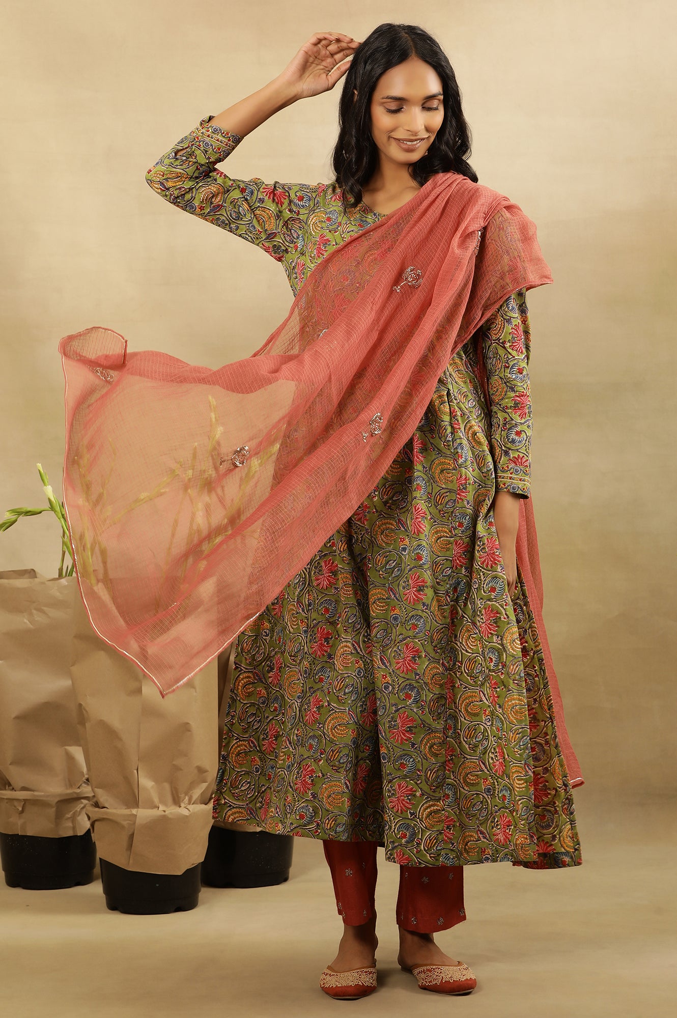 Green Multicolored Hand Block Print Pleated Kurta