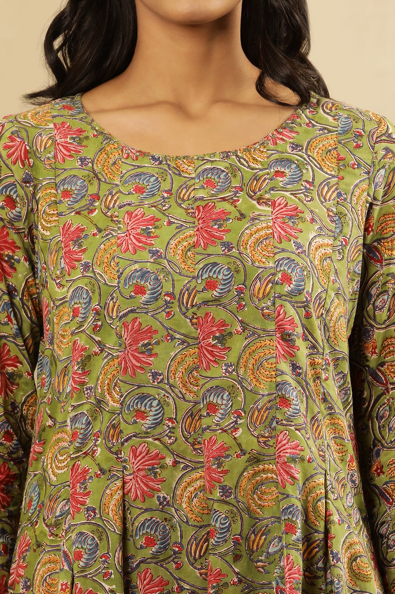 Green Multicolored Hand Block Print Pleated Kurta
