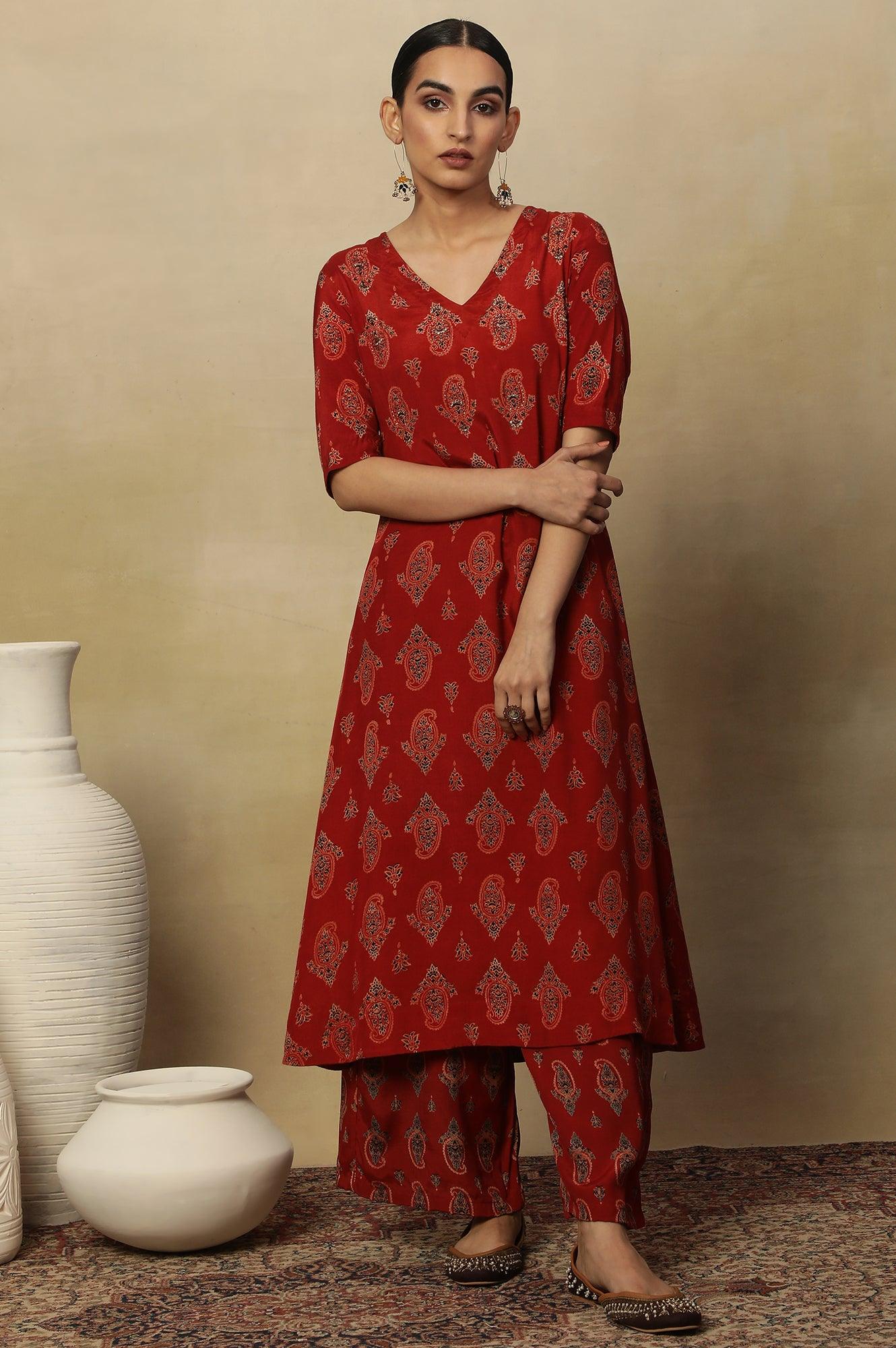 Red Paisley Print A-Line Kurta - wforwoman