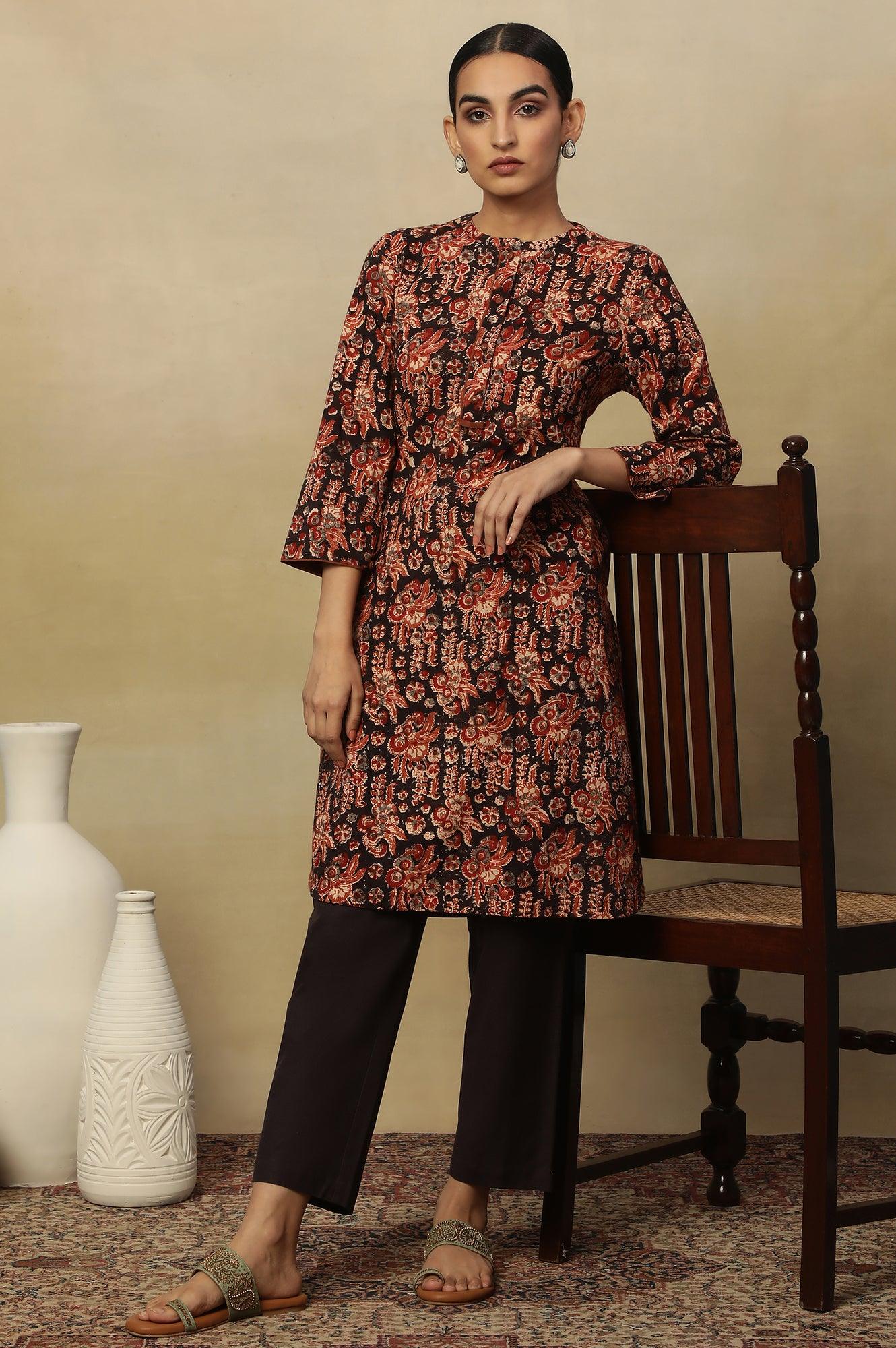 Black Kalamkari Printed Straight Kurta In Cotton Slub - wforwoman