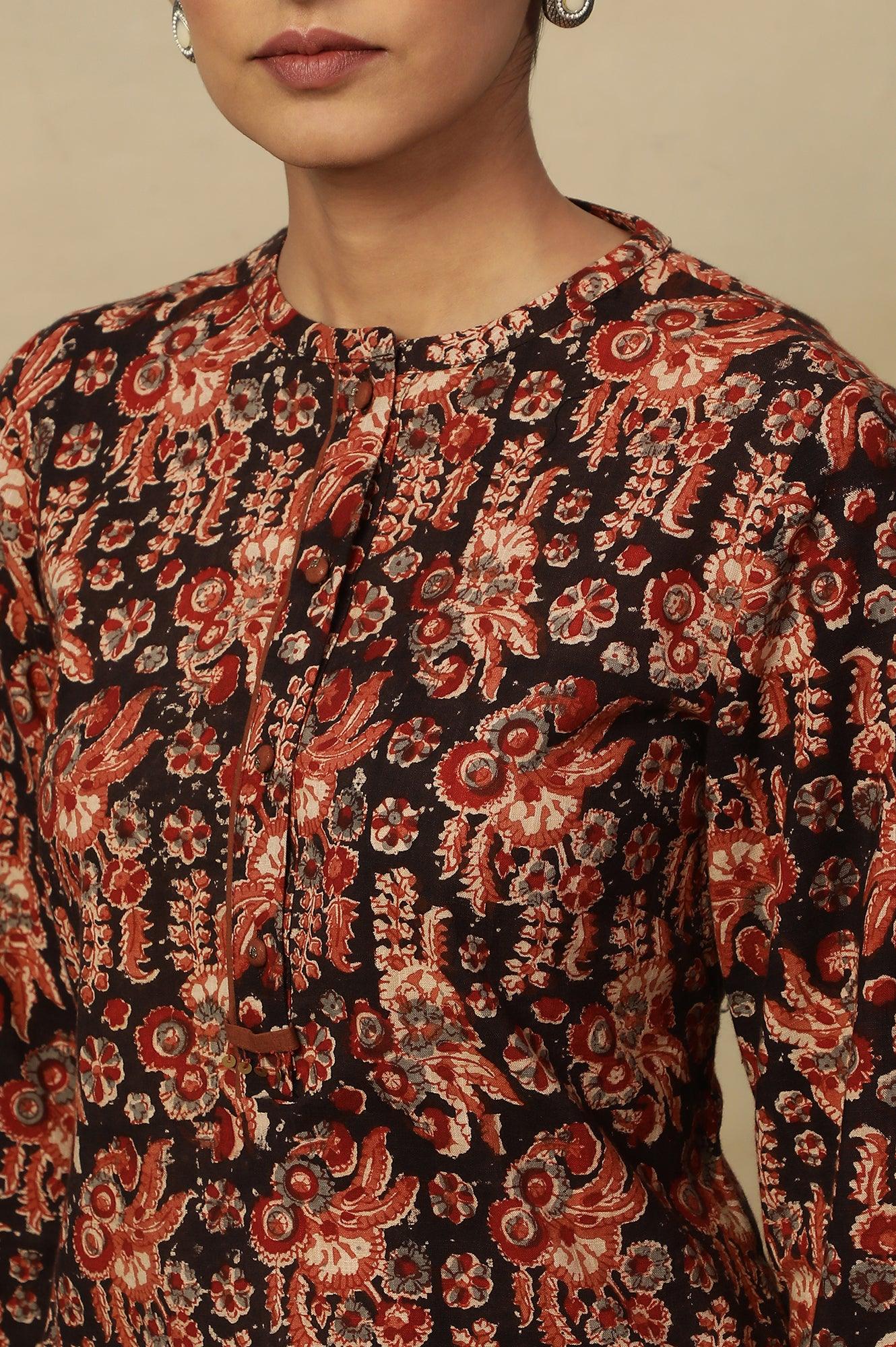 Black Kalamkari Printed Straight Kurta In Cotton Slub - wforwoman