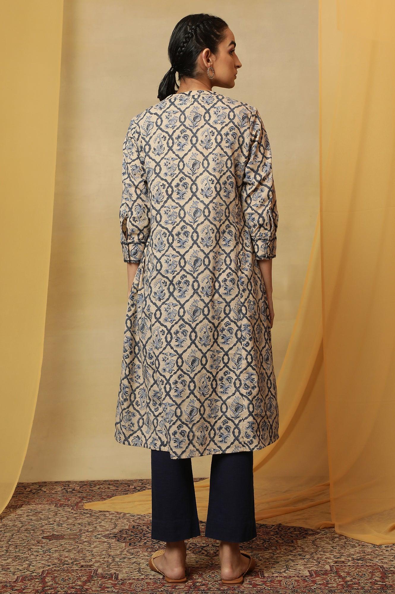 Ivory Jaal Block Printed Kurta In Cotton Slub - wforwoman