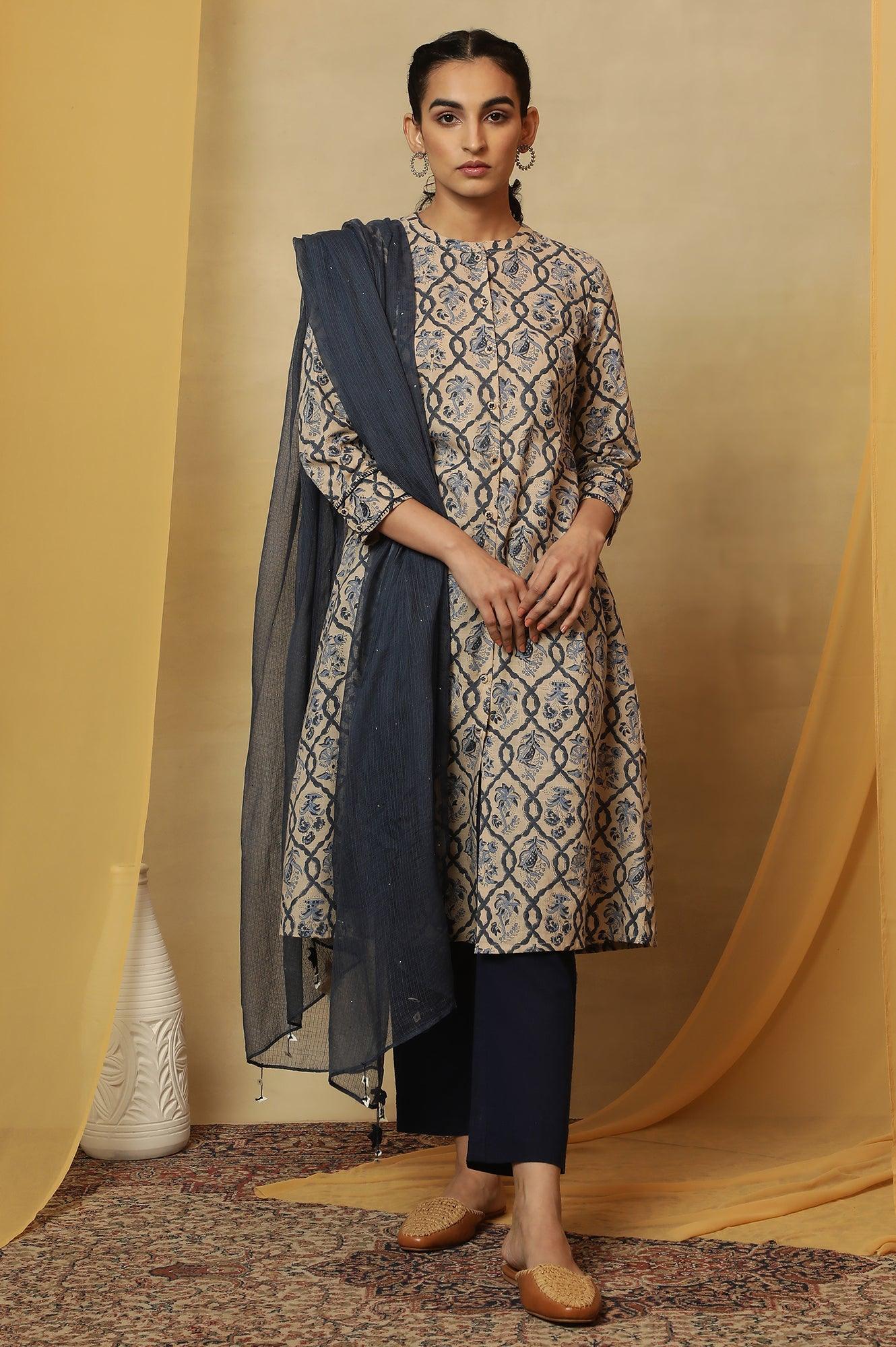 Ivory Jaal Block Printed Kurta In Cotton Slub - wforwoman