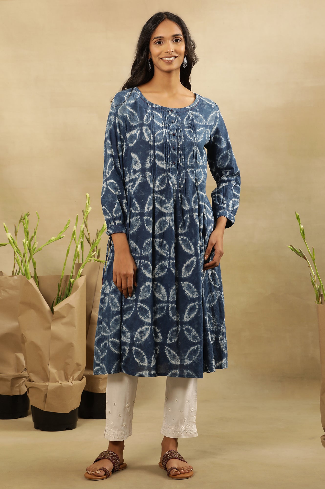 Indigo Shibori Pleated Flared Dress In Cotton Voile