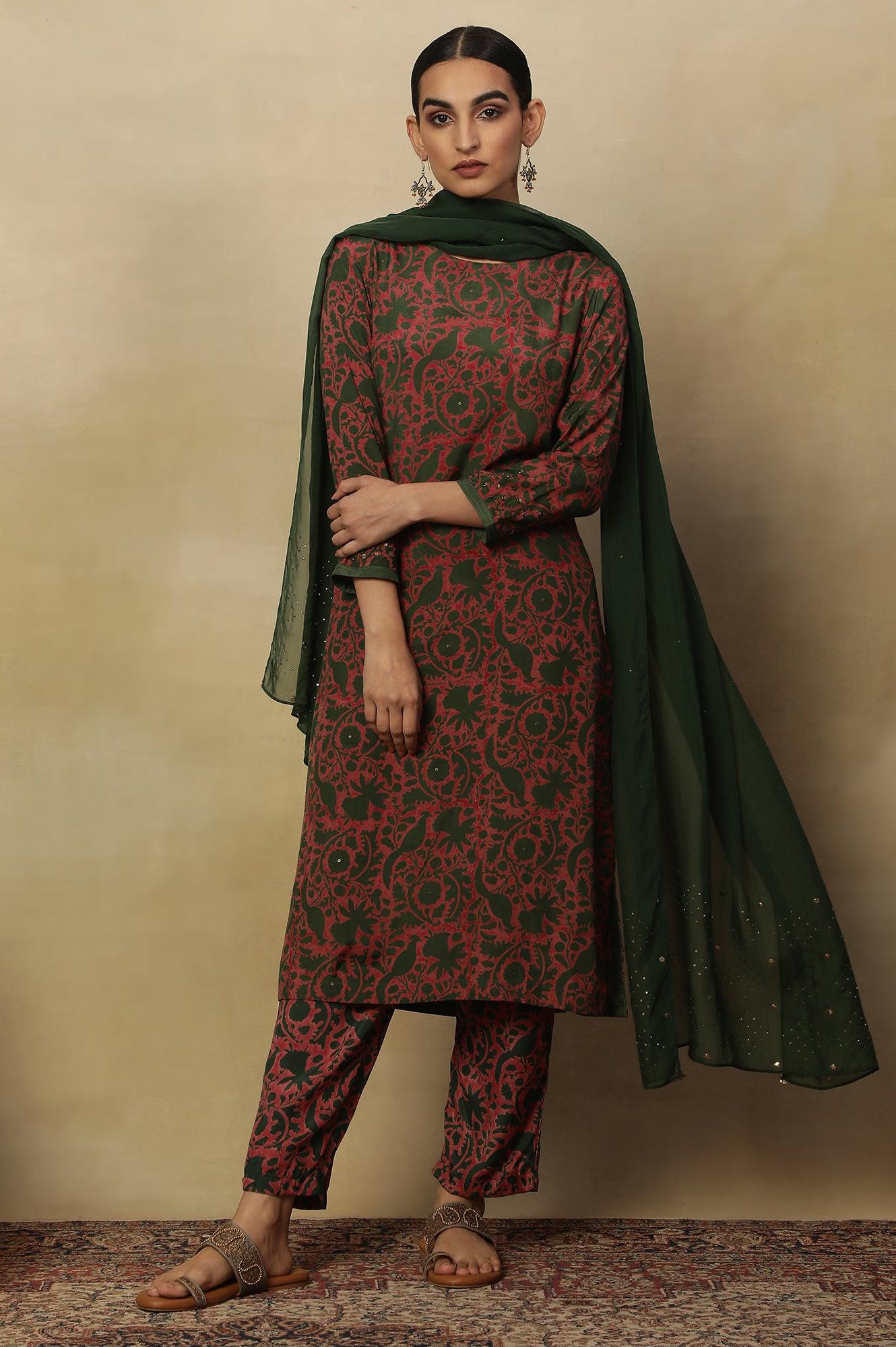 Pink Bicolor Block Printed Round Neck Kurta - wforwoman