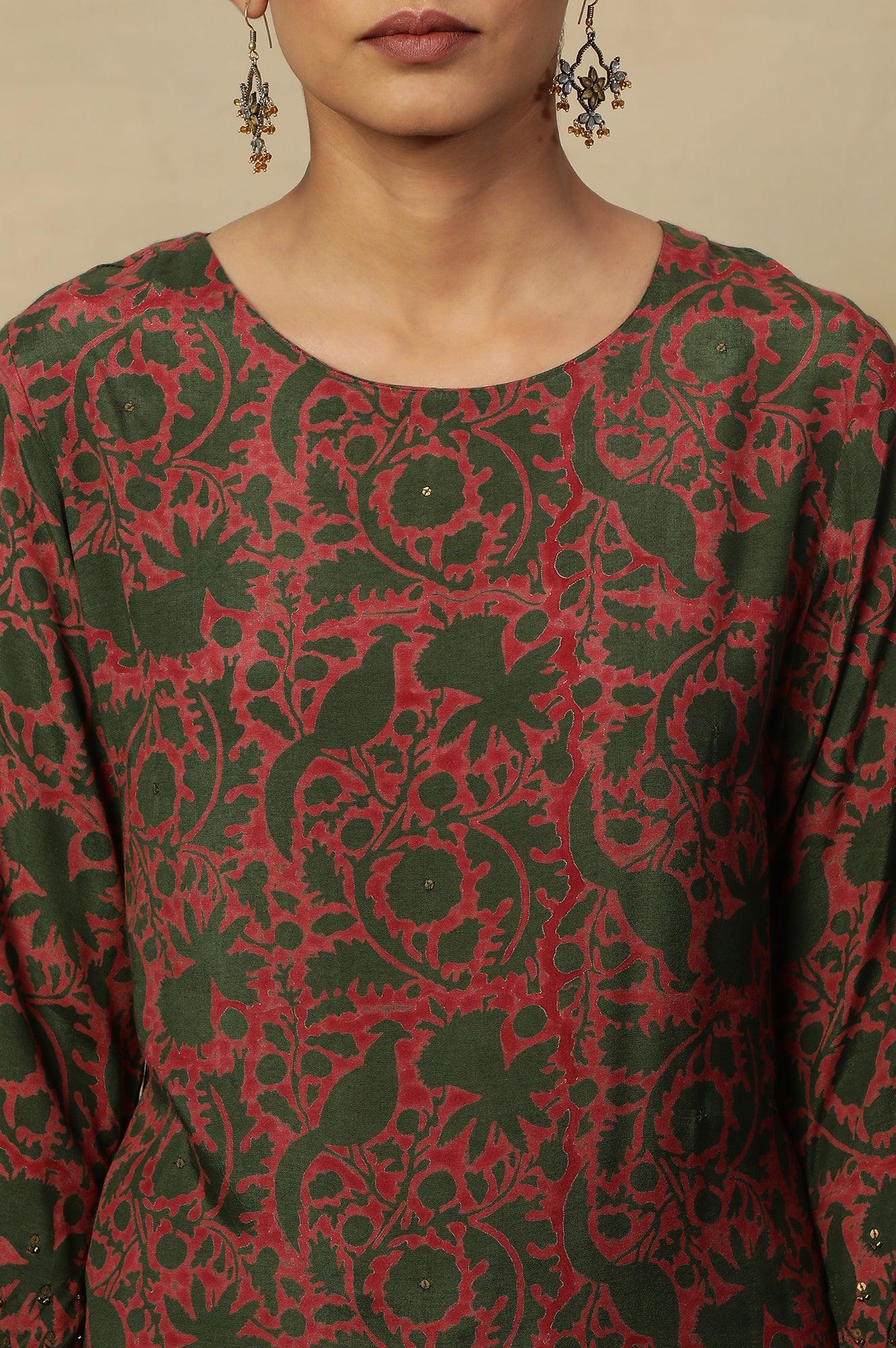 Pink Bicolor Block Printed Round Neck Kurta - wforwoman