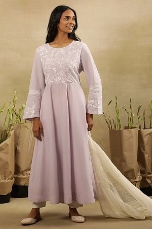 Lilac Chikankari Anarkali Kurta In Cotton Voile