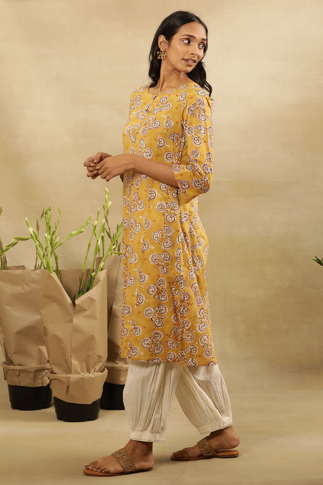 Mustard Block Printed Kurta In Cotton Voile