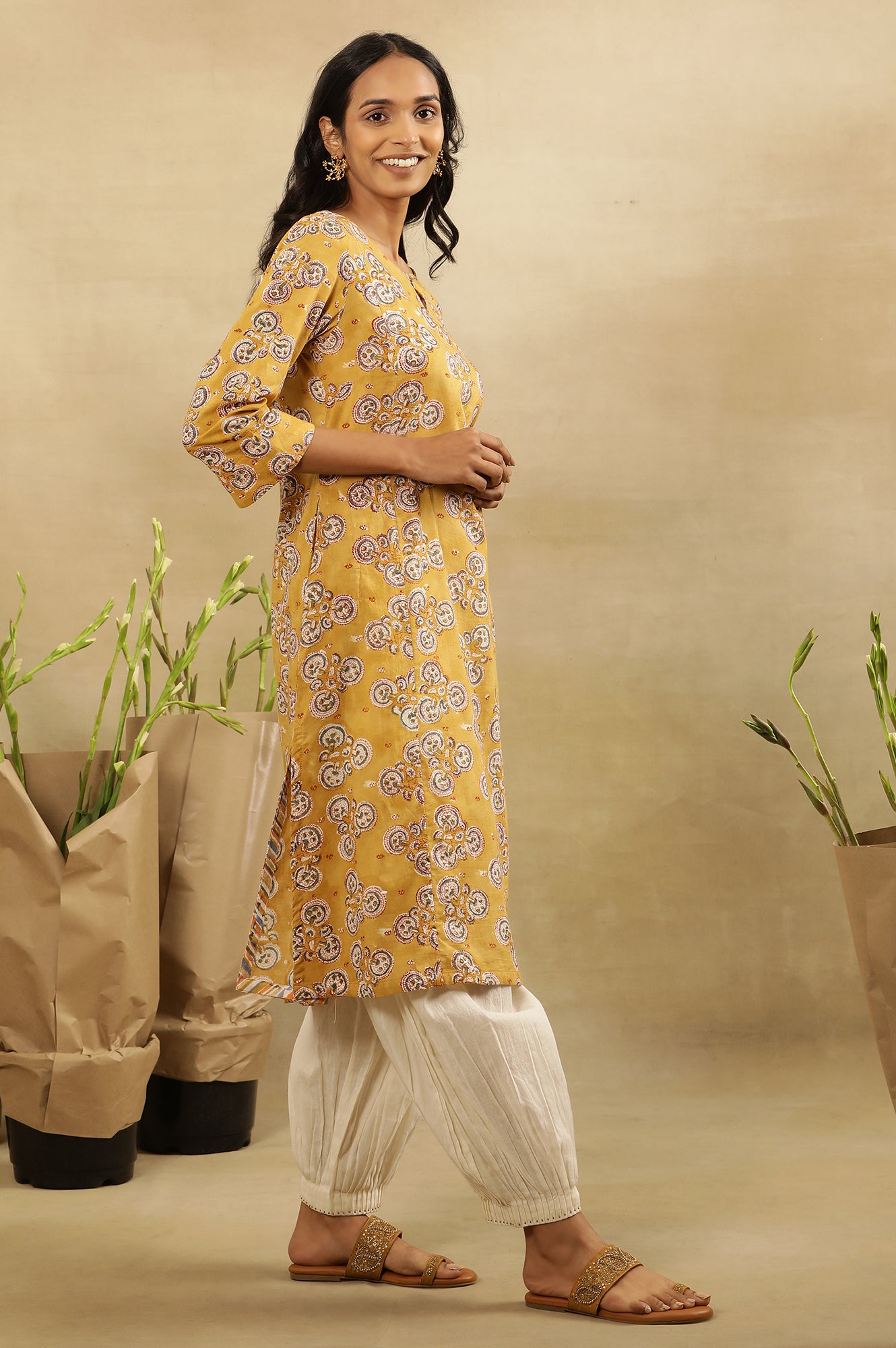 Mustard Block Printed Kurta In Cotton Voile
