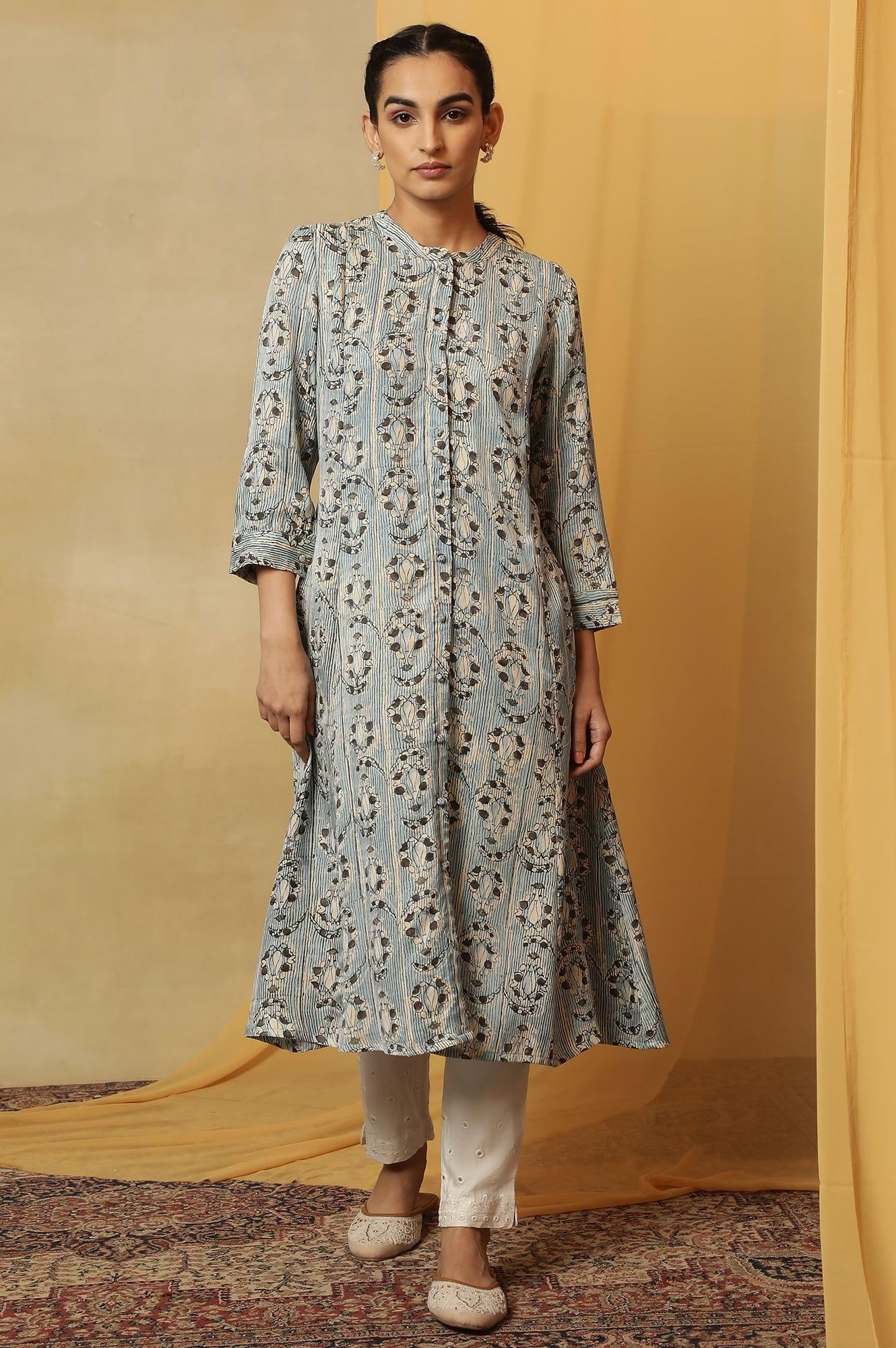 Light Blue Shirt Dress Kurta In Shiny Satin - wforwoman