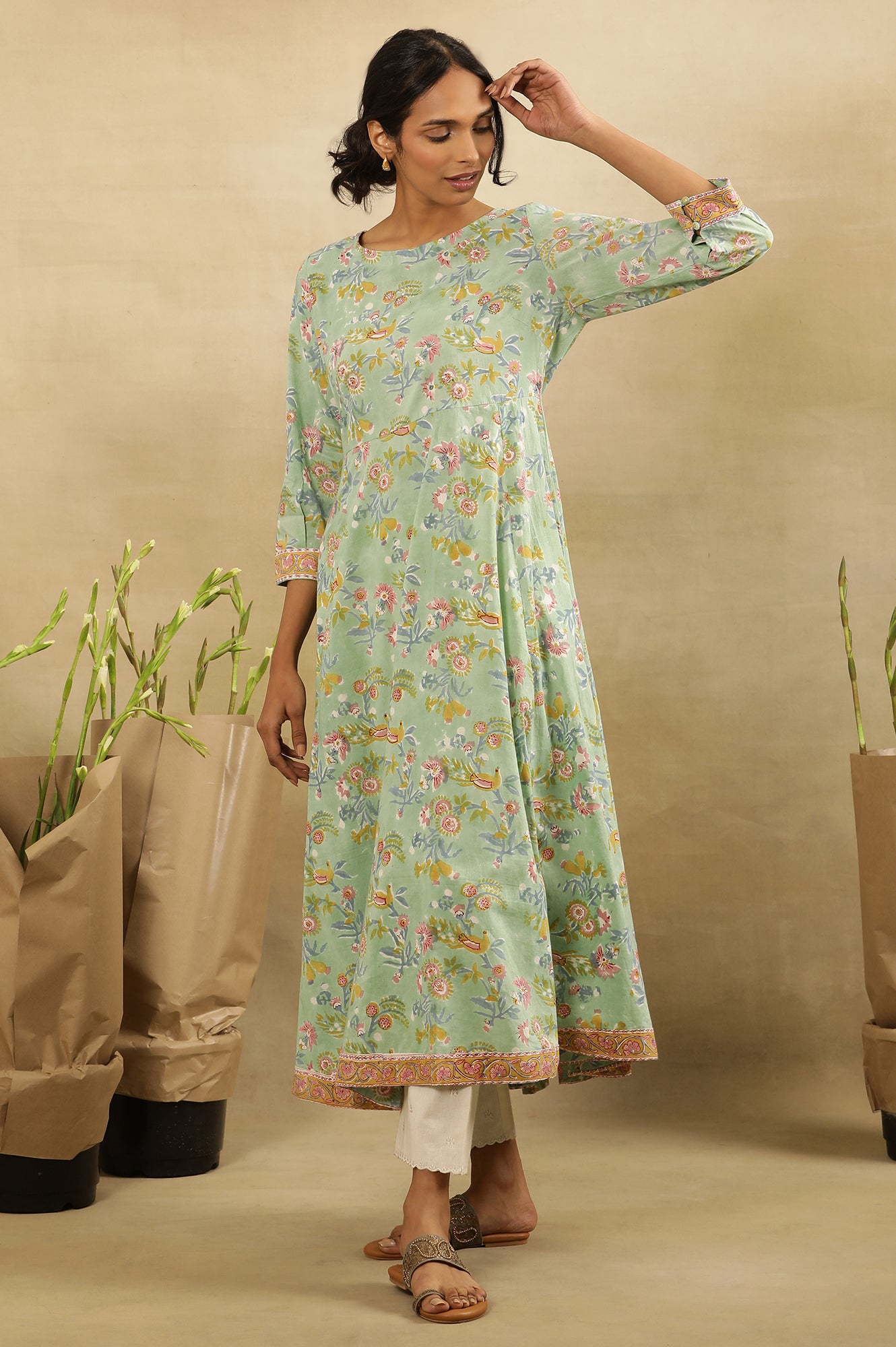 Green Block Printed Round Neck Flared Kurta