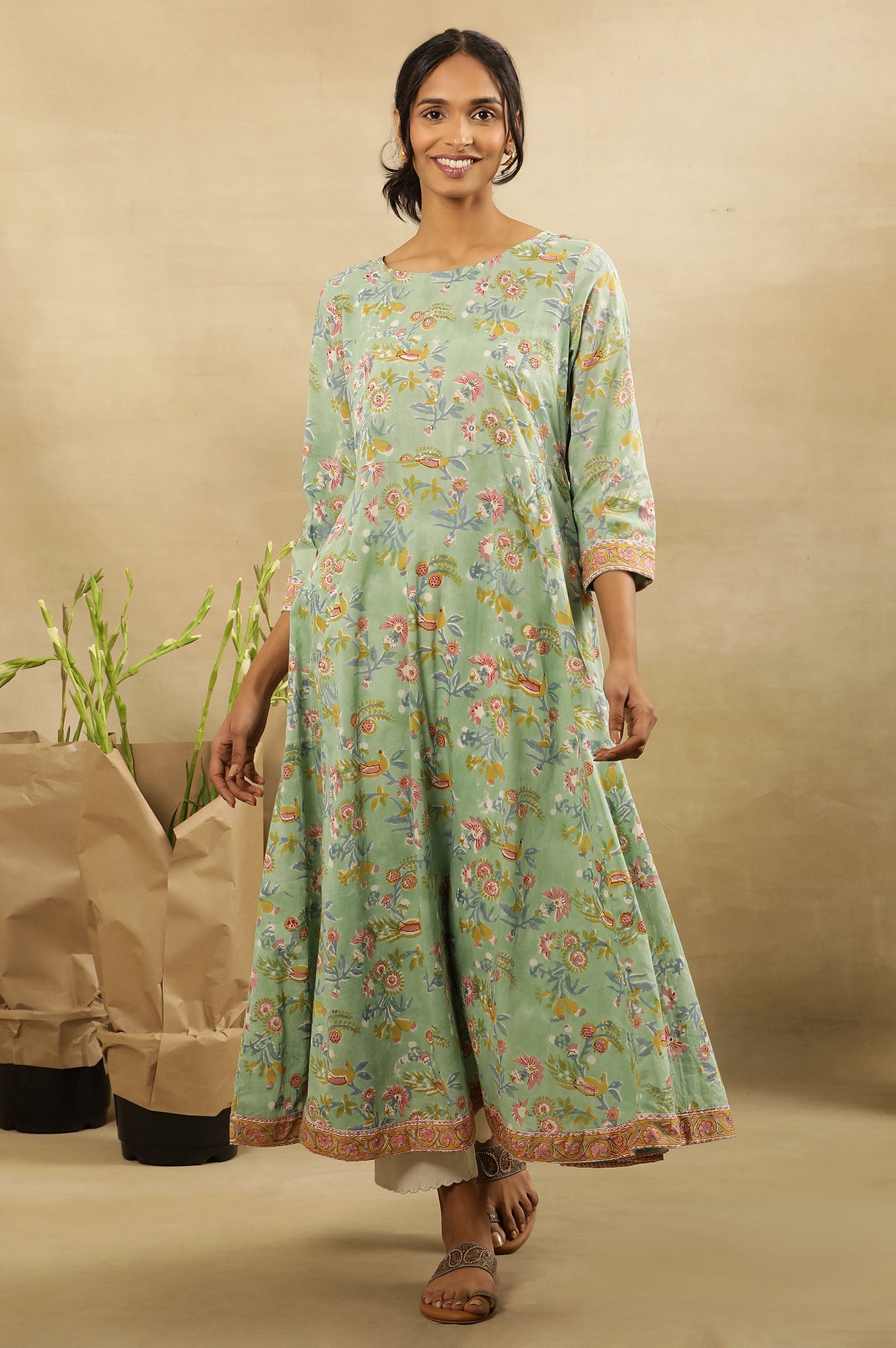 Green Block Printed Round Neck Flared Kurta